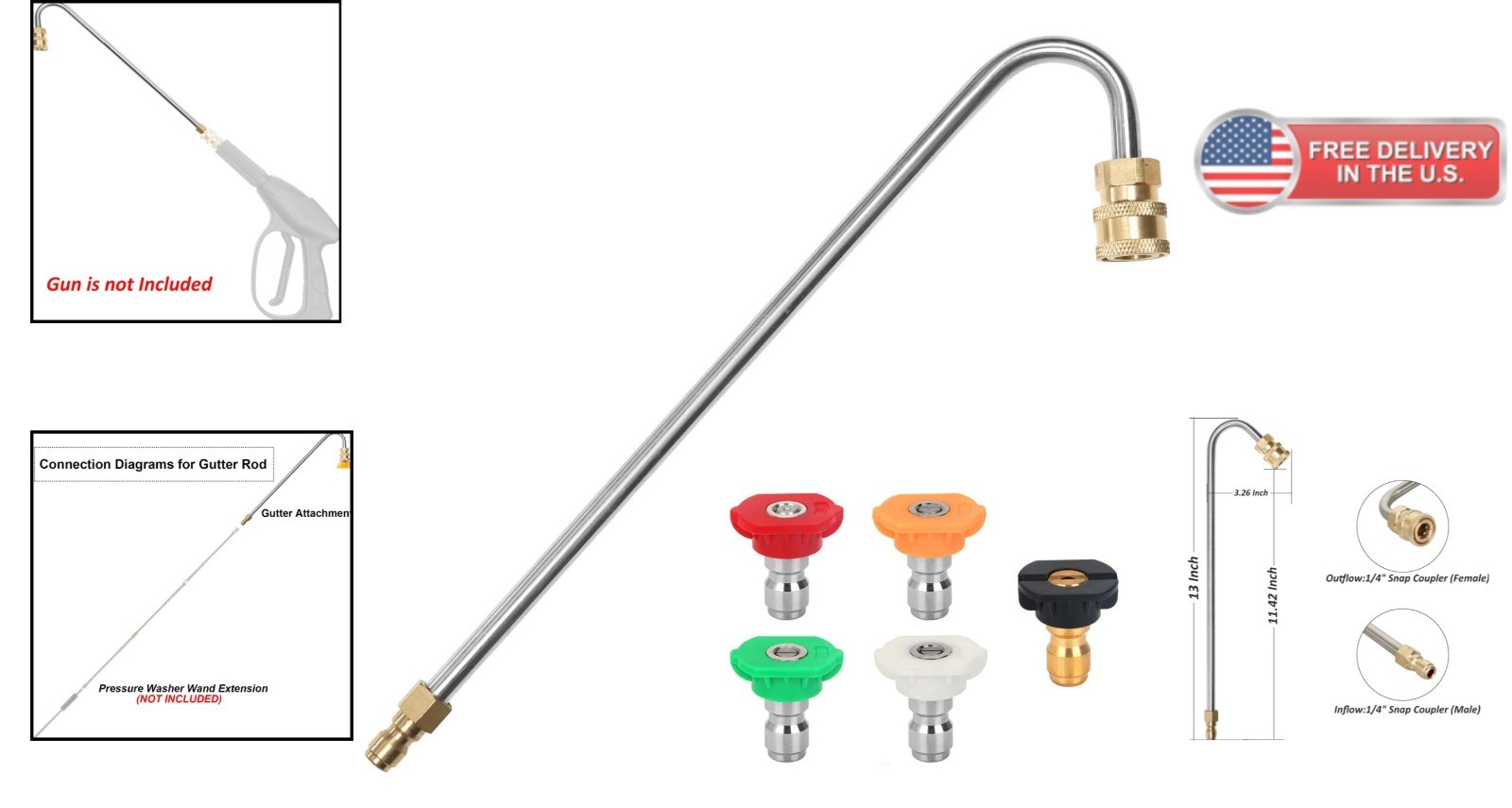 Adjustable Pressure Washer Gutter Cleaning Attachment 4000PSI 13IN 1/4QC with 5