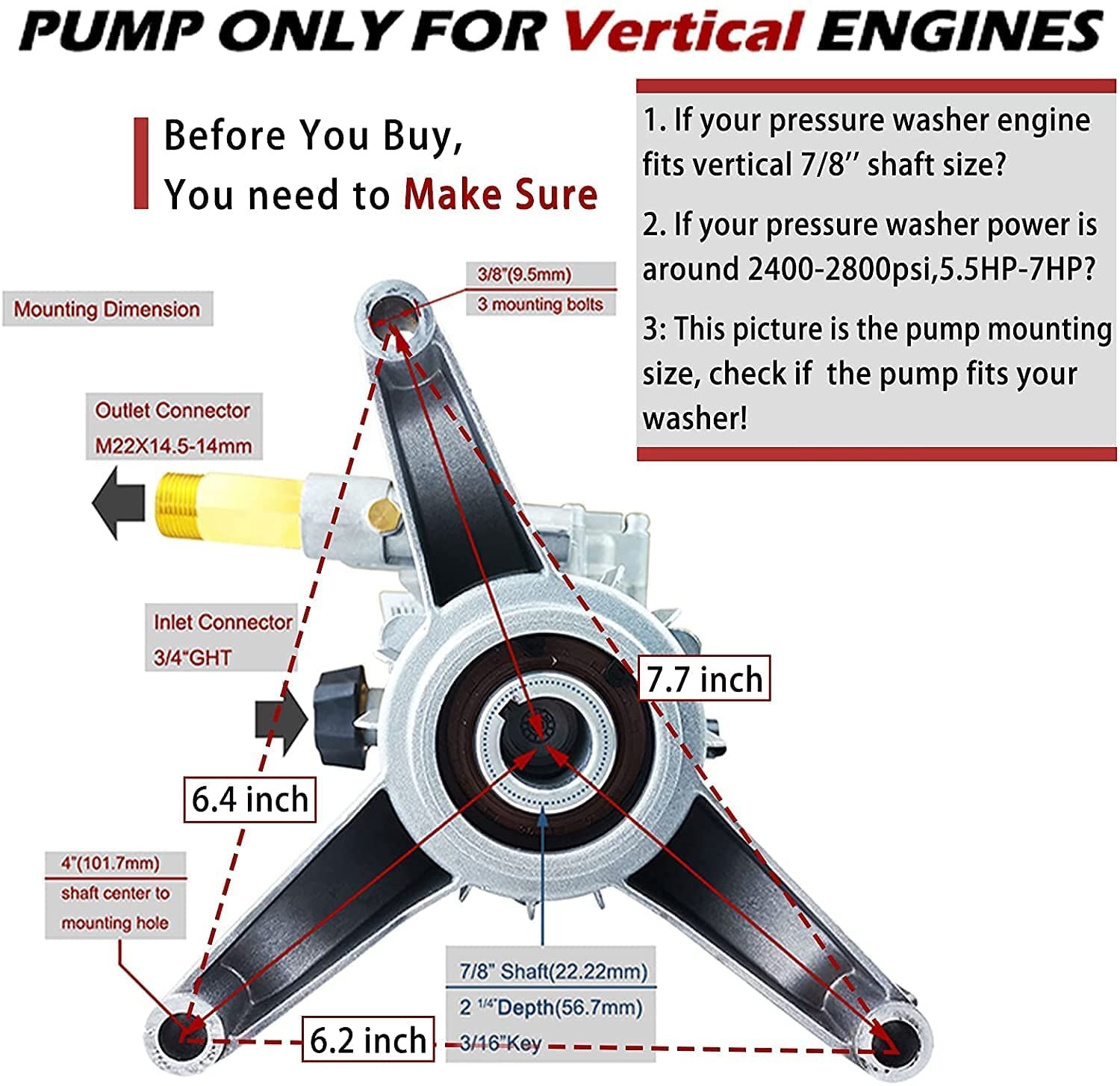 7/8” Shaft Vertical Pressure Washer Pump Replacement 2400-2800PSI