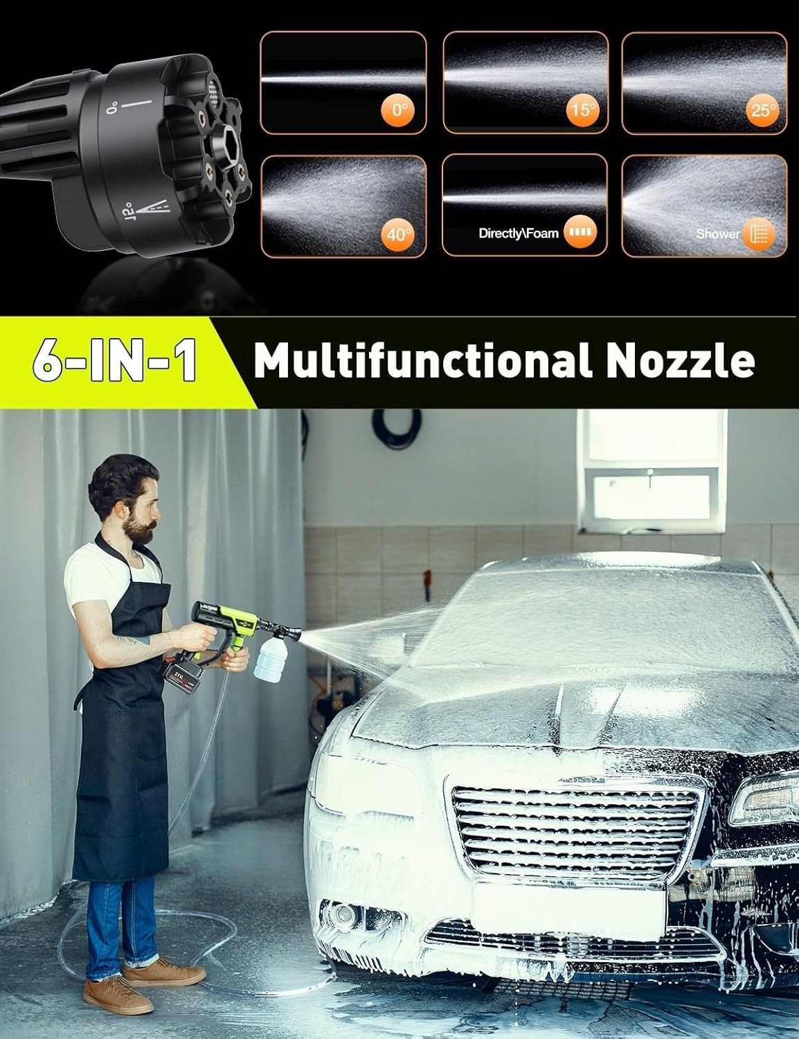 OMGEXTRD Cordless Car Washer, Lightweight Portable Cleaning Tool with 6-in-1 Noz