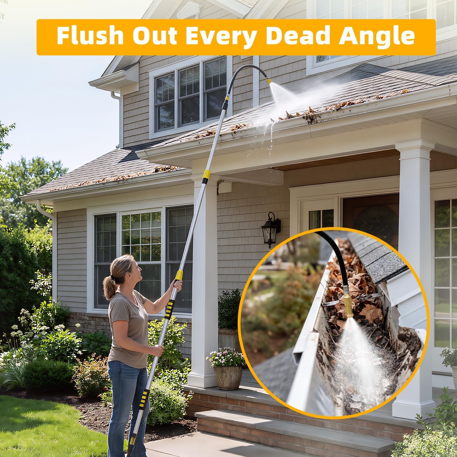 20FT Gutter Cleaning Tool with 360° Rotating Wand & Brass Shut-Off Valve – Safe