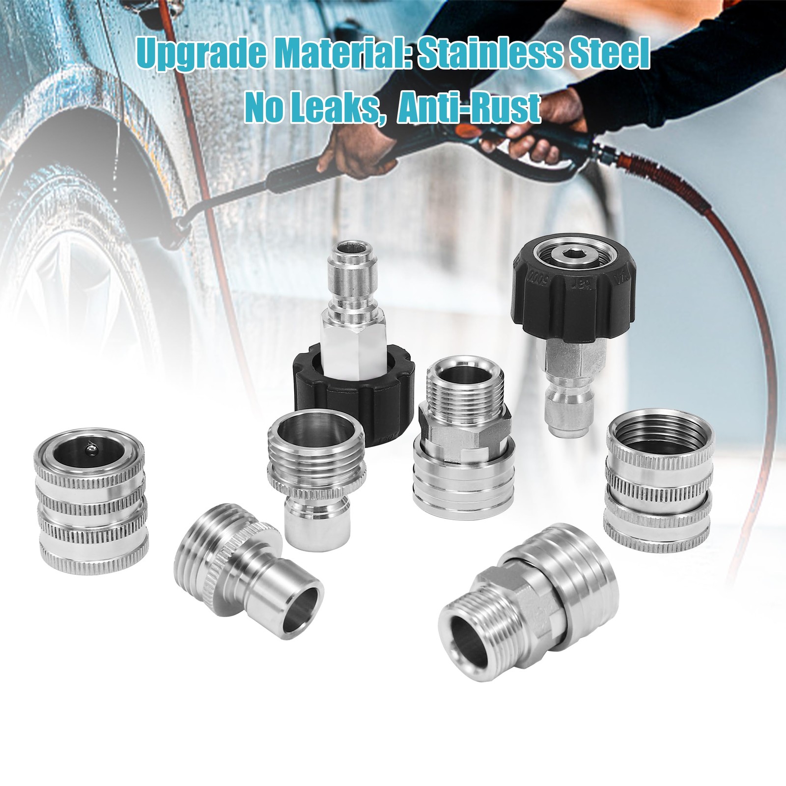 8 PCS Stainless Steel Pressure Washer Adapter Set M22 14mm To 3/8 Inch Kit
