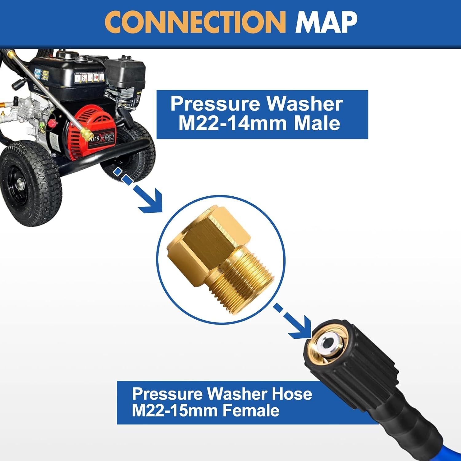 TOOLCY 4000 PSI Pressure Washer M22-14mm Female Thread to M22-15mm Male Fitting