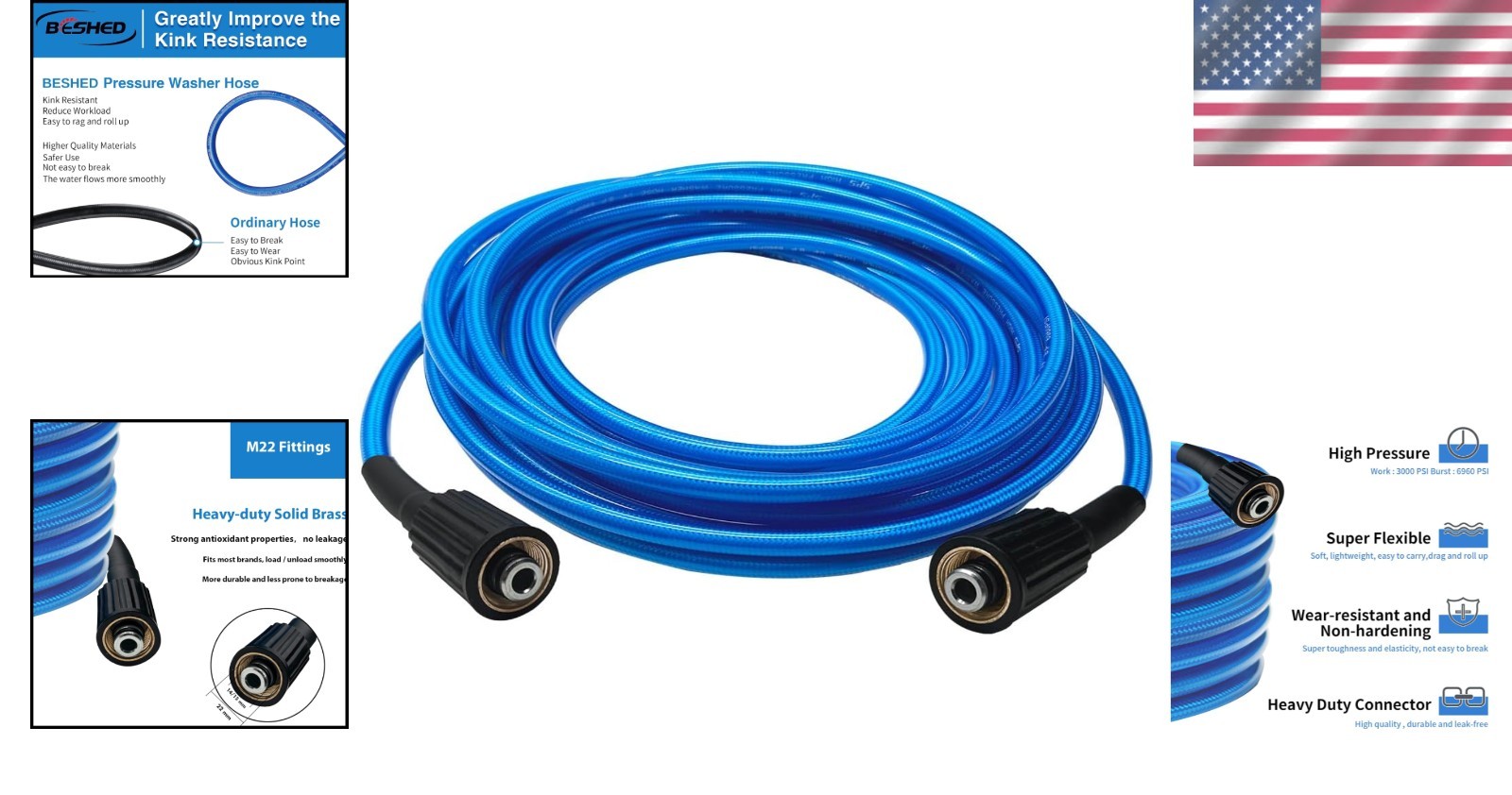 Versatile 25 FT Pressure Washer Hose with M22 Fittings – 3000 PSI Performance