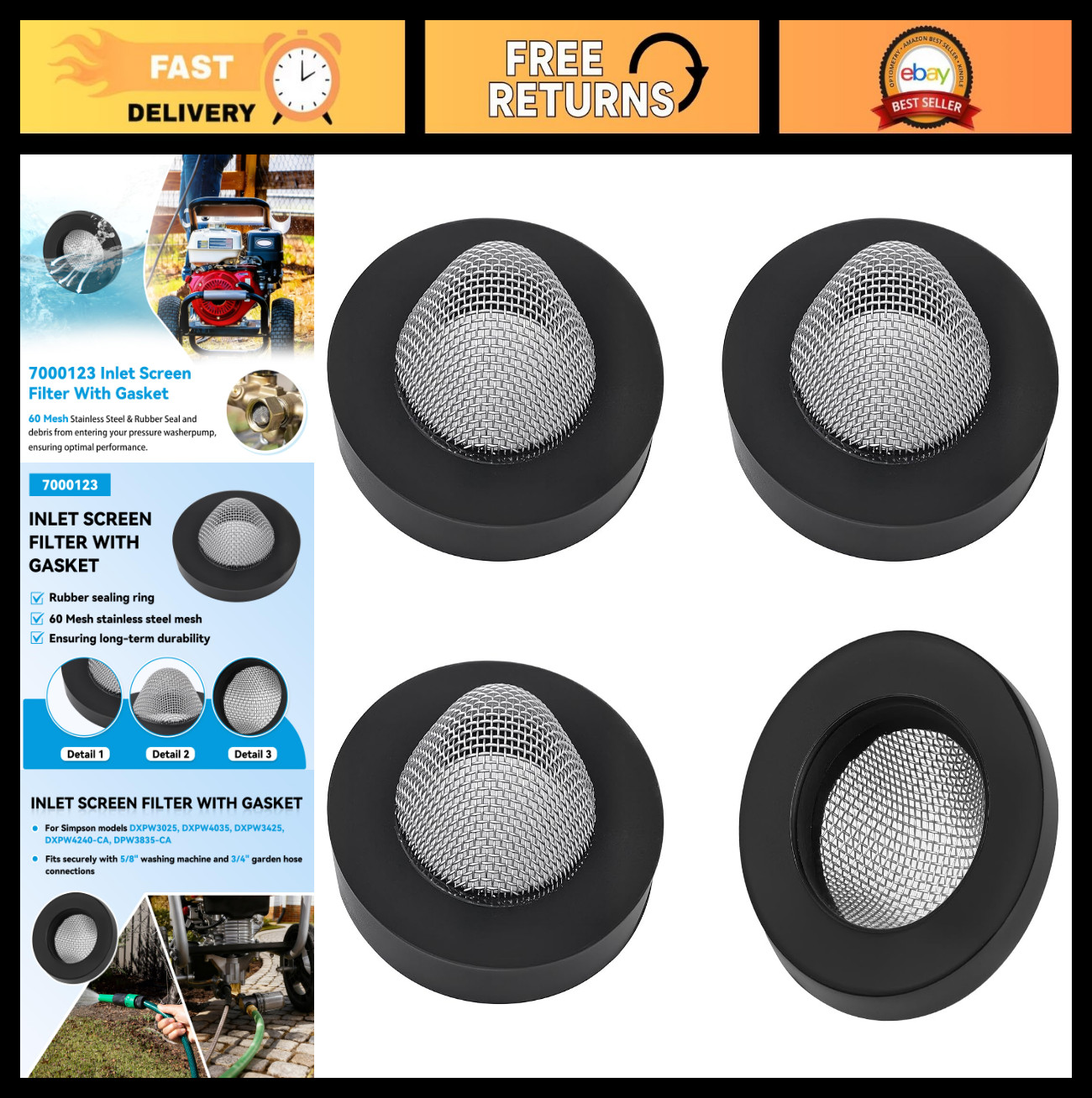 Inlet Screen Filter with Gasket, 60 Mesh Stainless Steel & Rubber Seal – 4 Pack