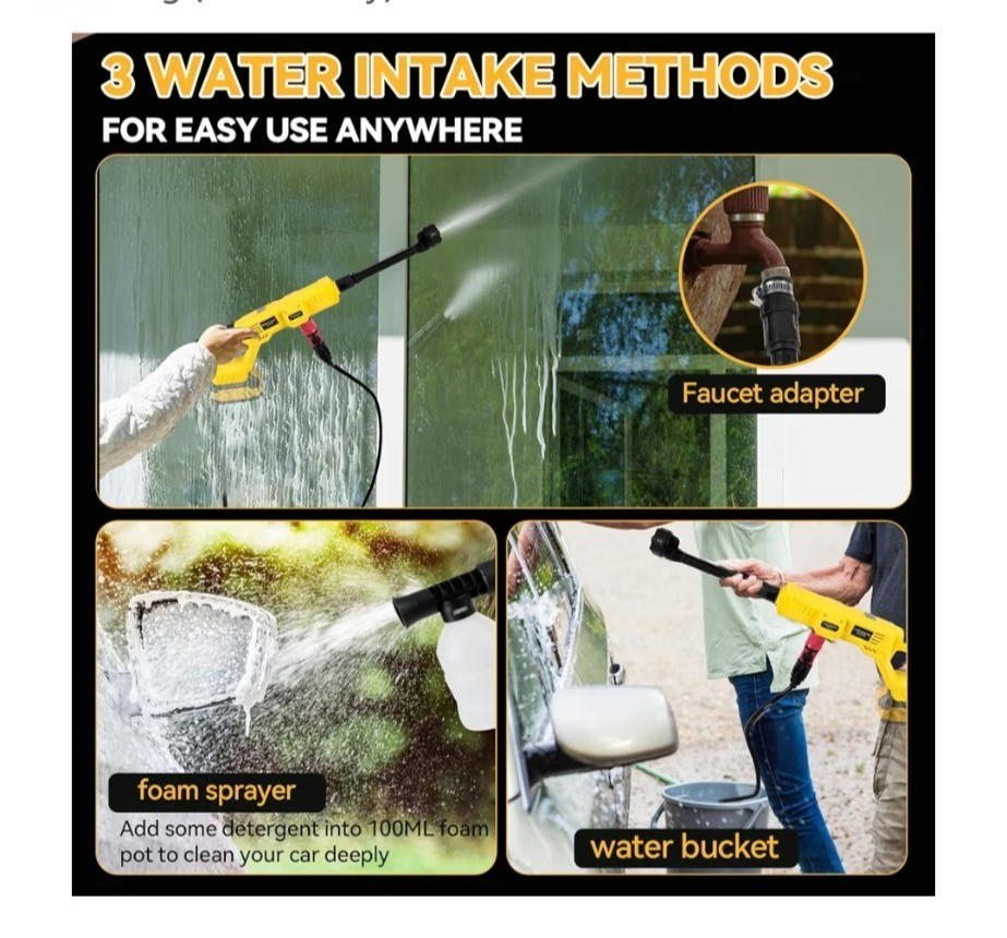 Cordless Portable Pressure Washer 800 PSI 6-In-1 Nozzle No Battery Included