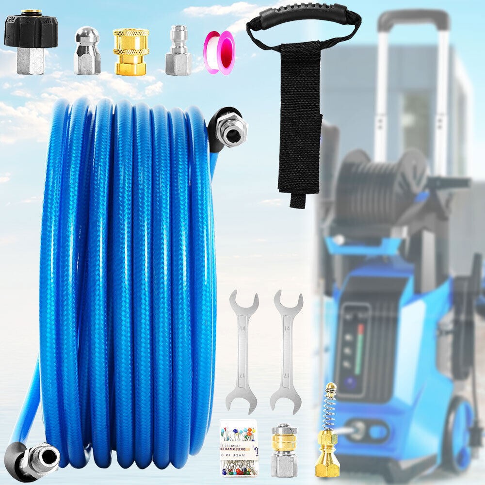 50FT 5800 PSI Sewer Jetter Nozzles Kit Pressure Washer Drain Cleaning Hose Set