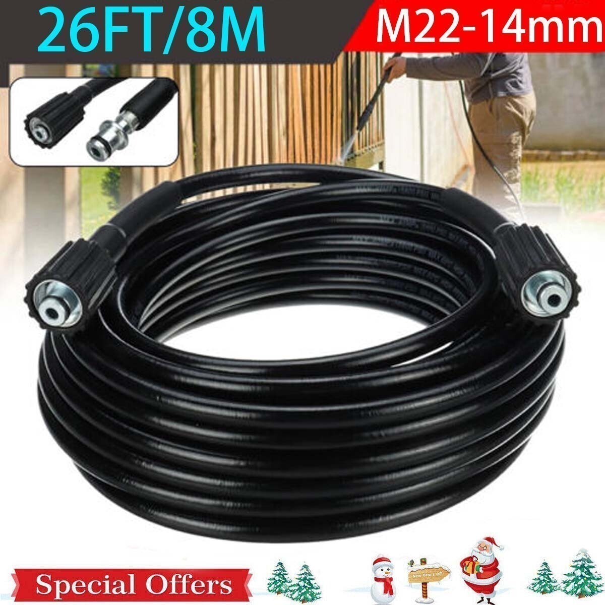 26ft 5800PSI High Pressure Washer Hose M22-14mm Power Washer Extension Hose .