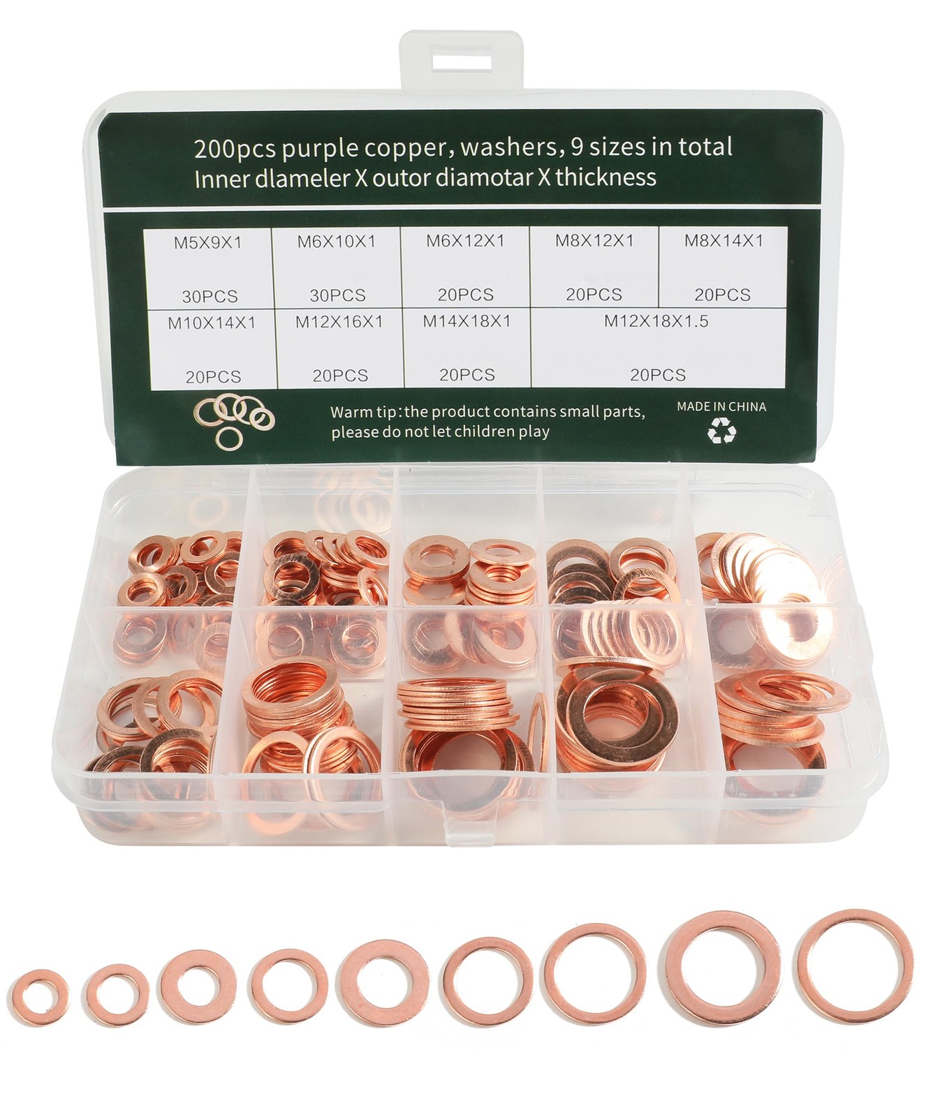 200 Pcs 9 Sizes Copper Metric Sealing Crush Washers Assortment Kit for Most Cars