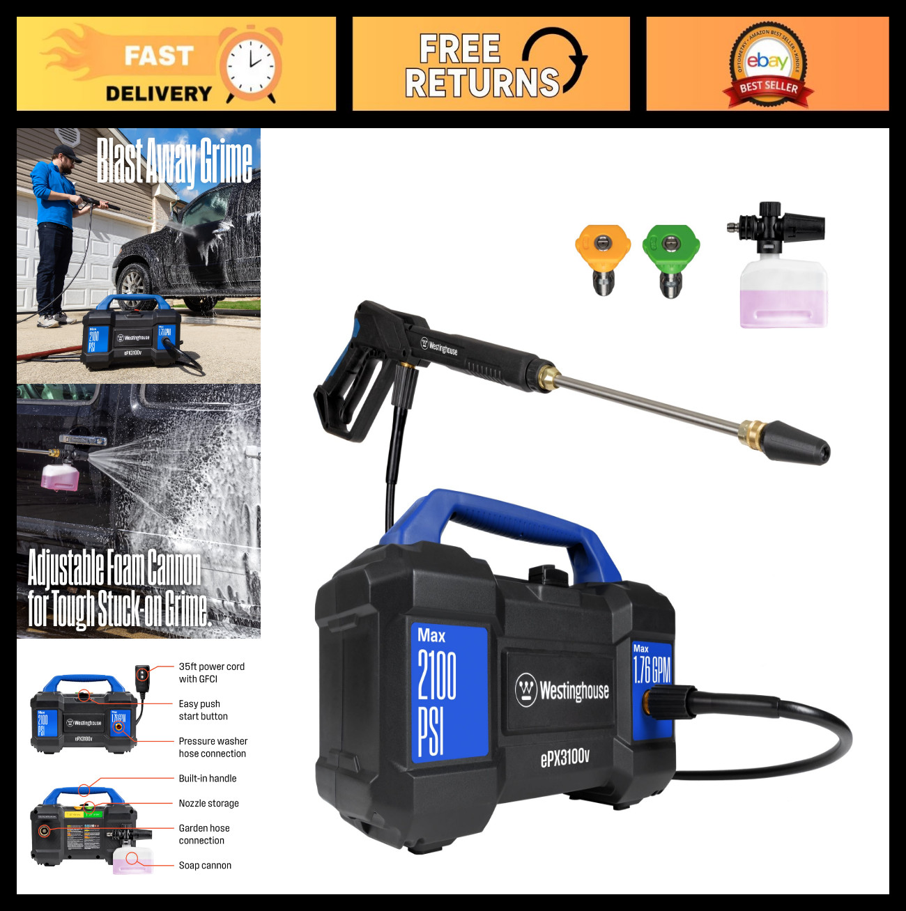 Electric Pressure Washer 2100 PSI 1.76 GPM, Foam Cannon, 3 Nozzle Set, Portable