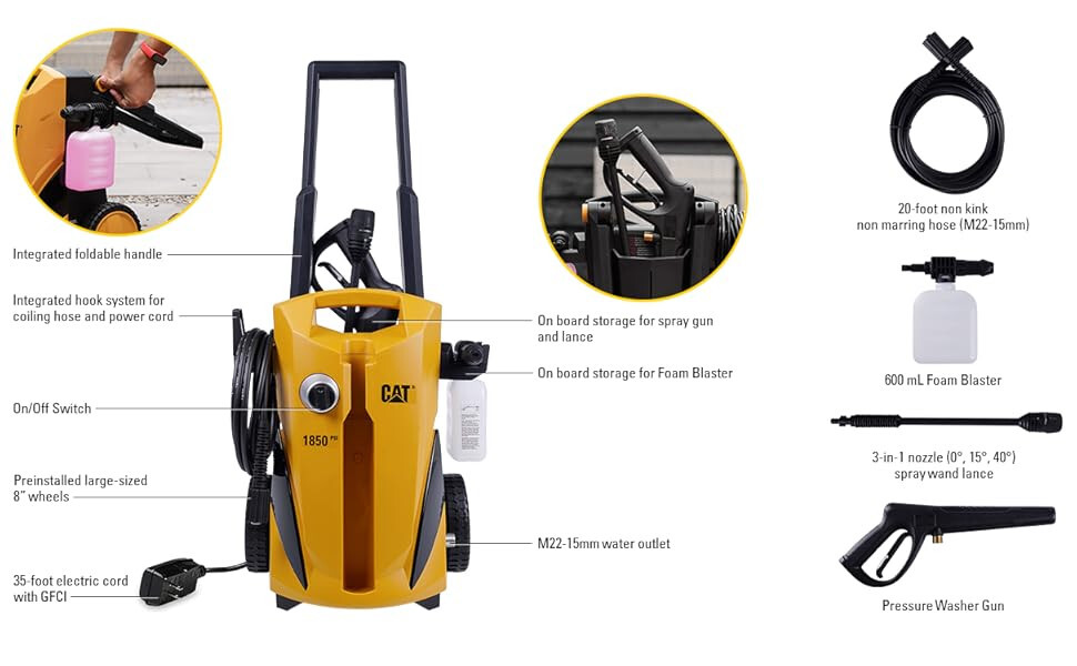 CAT Electric Pressure Washer 1850 PSI 1.4 GPM with 20′ high-Pressure Hose, Etc.