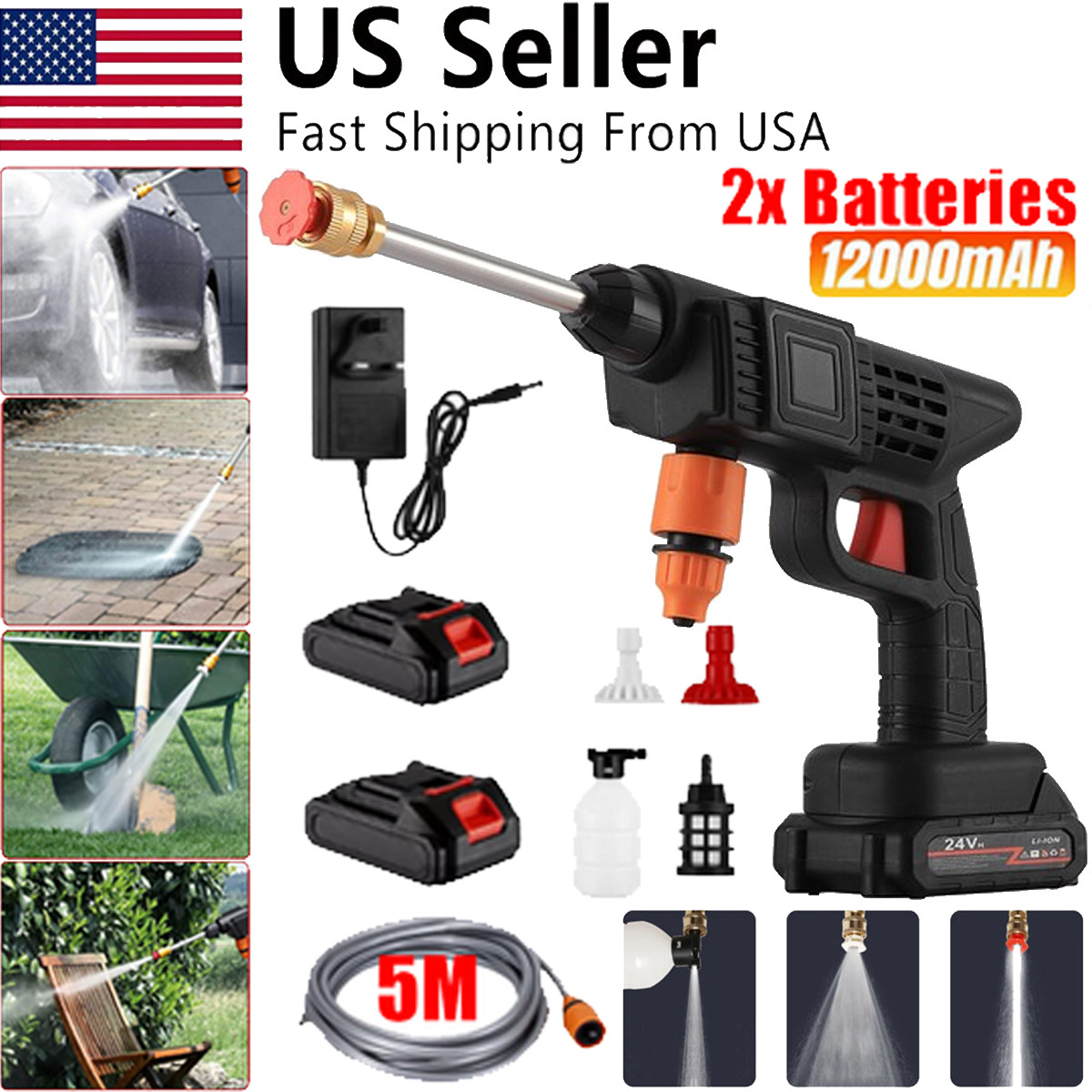 Cordless Electric High Pressure Washer 24V 2Battery 5M Hose 2 Nozzle Car Cleaner