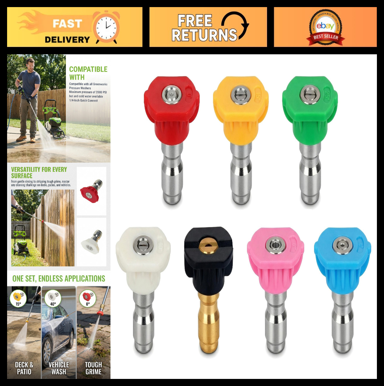 2000 PSI Pressure Washer Nozzles Set – 7-Piece Quick Connect, Fits Most Models