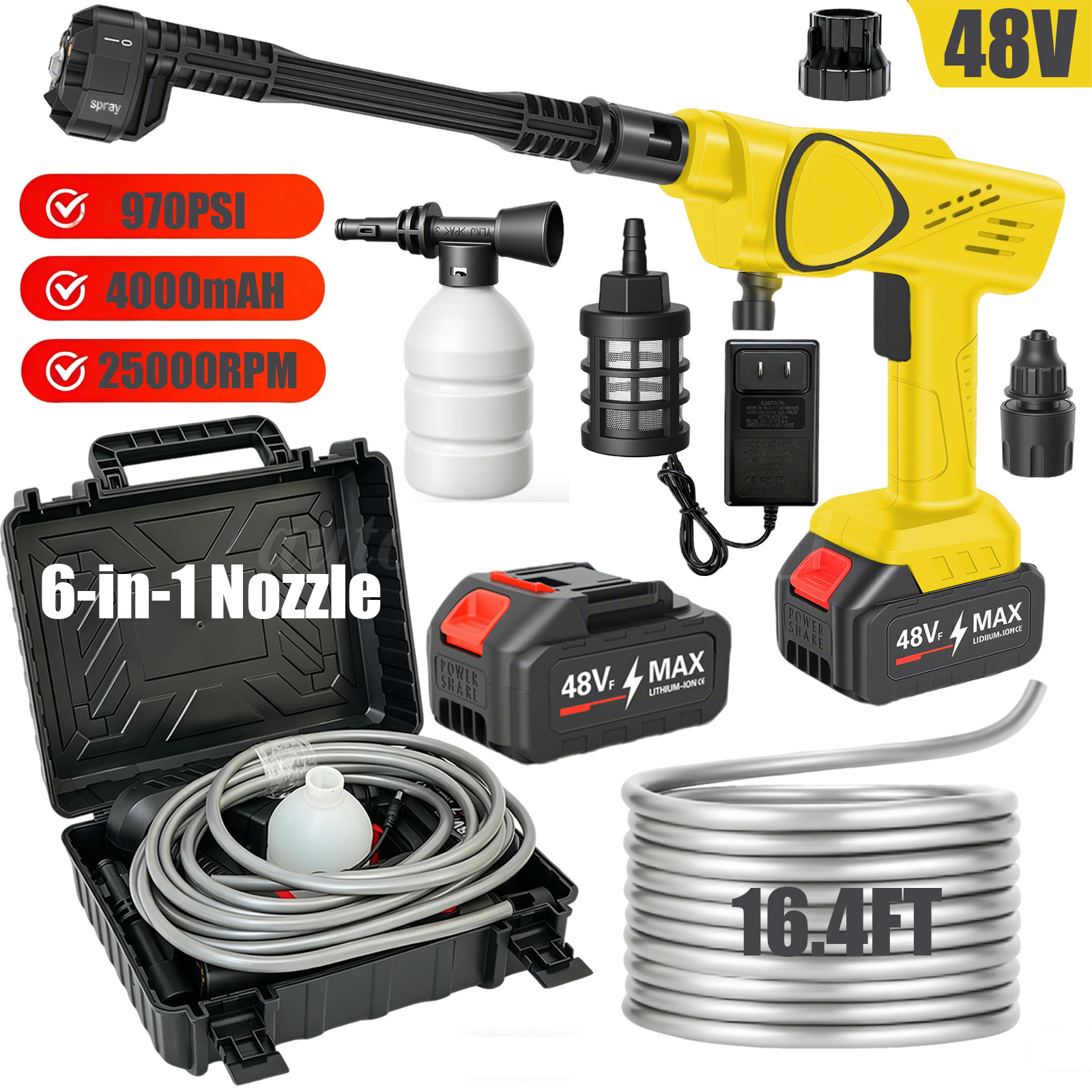 25000RPM 970PSI Cordless Pressure Washer Handheld Car Wash Gun 6-in-1 Nozzle