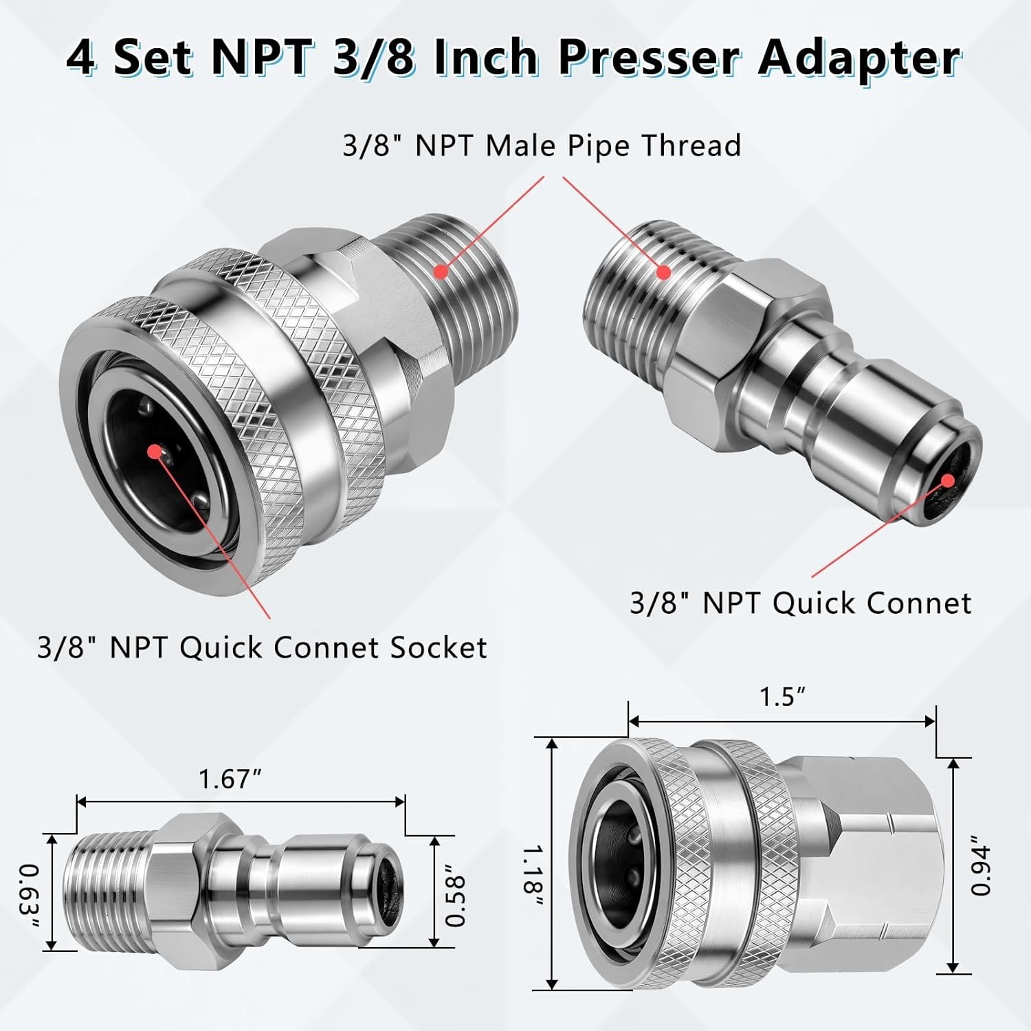 3/8″ Stainless Steel Pressure Washer Quick Connect Kit – 4PCS Adapter Set wit…