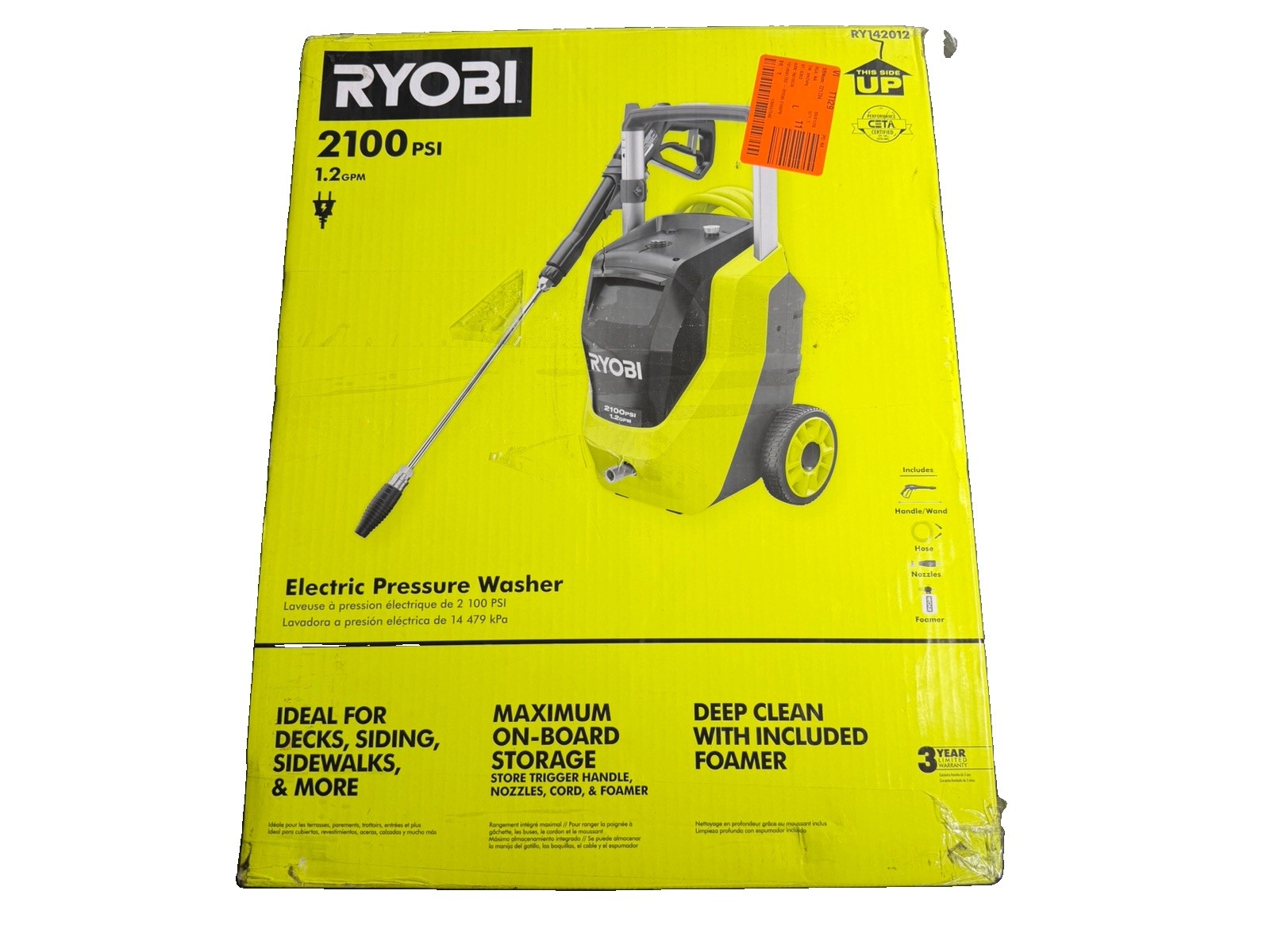 NEW RYOBI 2100 PSI 1.2 GPM Electric Cold Water Pressure Washer RY142012