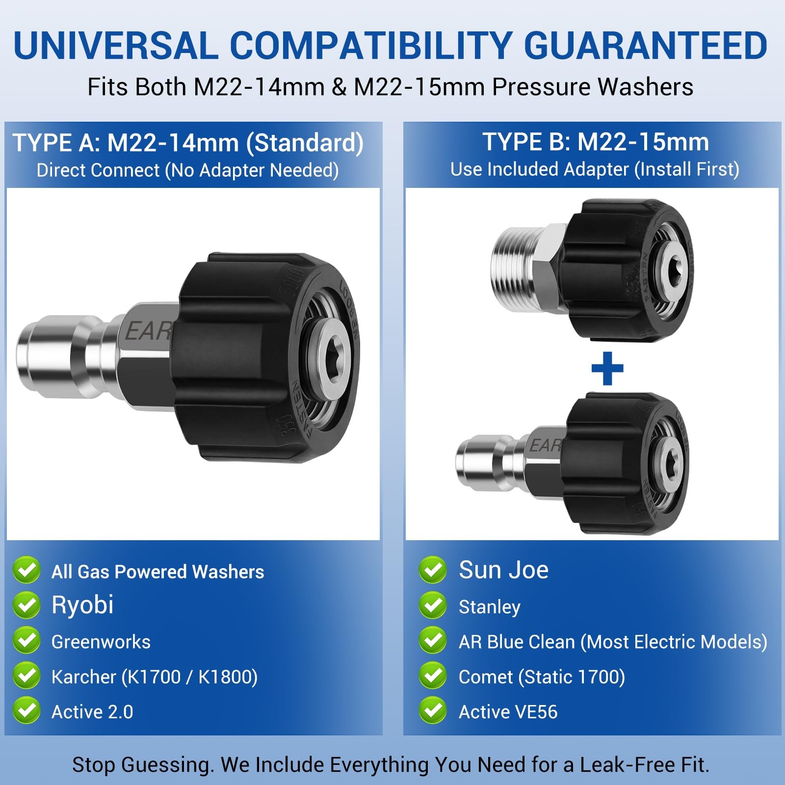 Pressure Washer Quick Connect Kit M2214mm M2215mm 3/8 3/4 Inch Steel 9 PCS