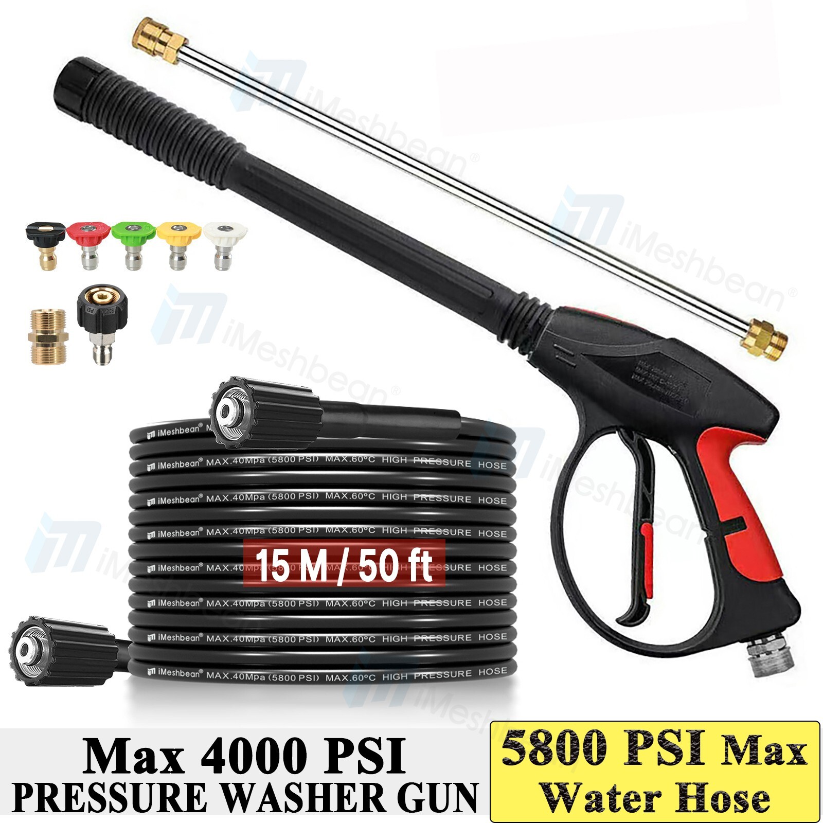 High Pressure 4000PSI Car Power Washer Gun Spray Wand Lance Nozzle and 50ft Hose