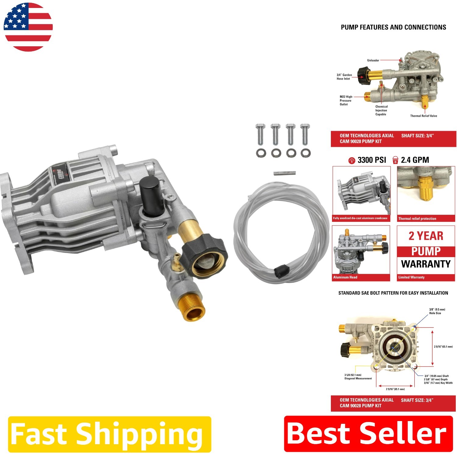 OEM Technologies 3300 PSI Pressure Washer Pump Kit 2.4 GPM Horizontal 3/4″ Shaft
