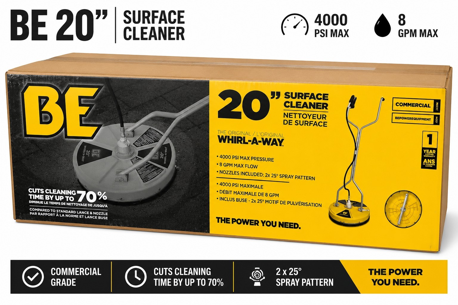 BE 20″ Whirl-A-Way Surface Cleaner 4000 PSI 8 GPM Pressure Washer Attachment NEW