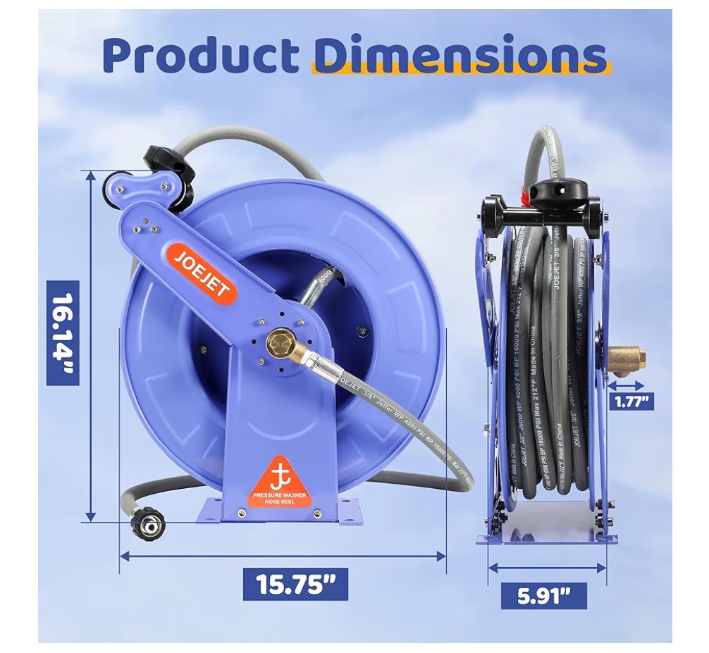 JOEJET Retractable Pressure Washer Hose Reel 3/8″ X 50 FT Power Washer 4000PSI