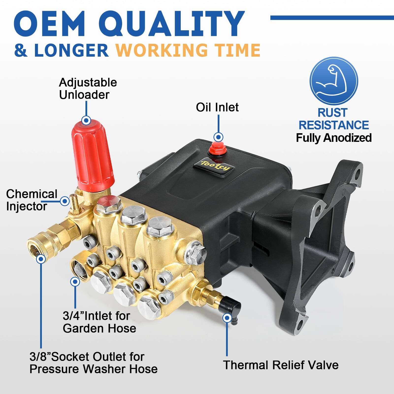 Pressure Washer Pump 3600-4400 PSI Max 4.4 GPM, 1 inch Shaft Horizontal Triplex
