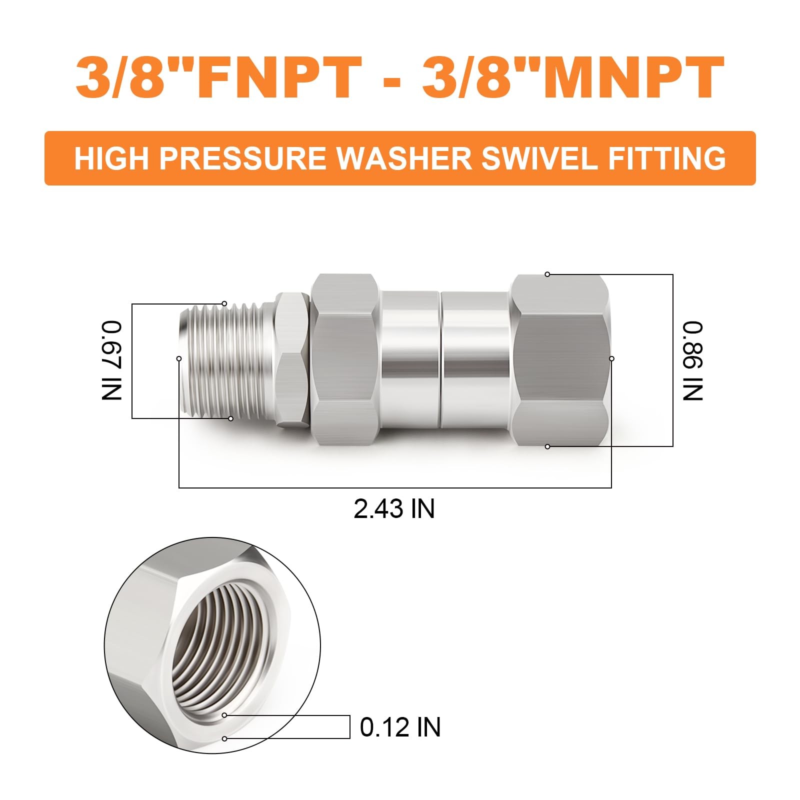 1Pc 3/8” NPT High Pressure Washer Swivel Fitting, Stainless Steel 360 Degree …