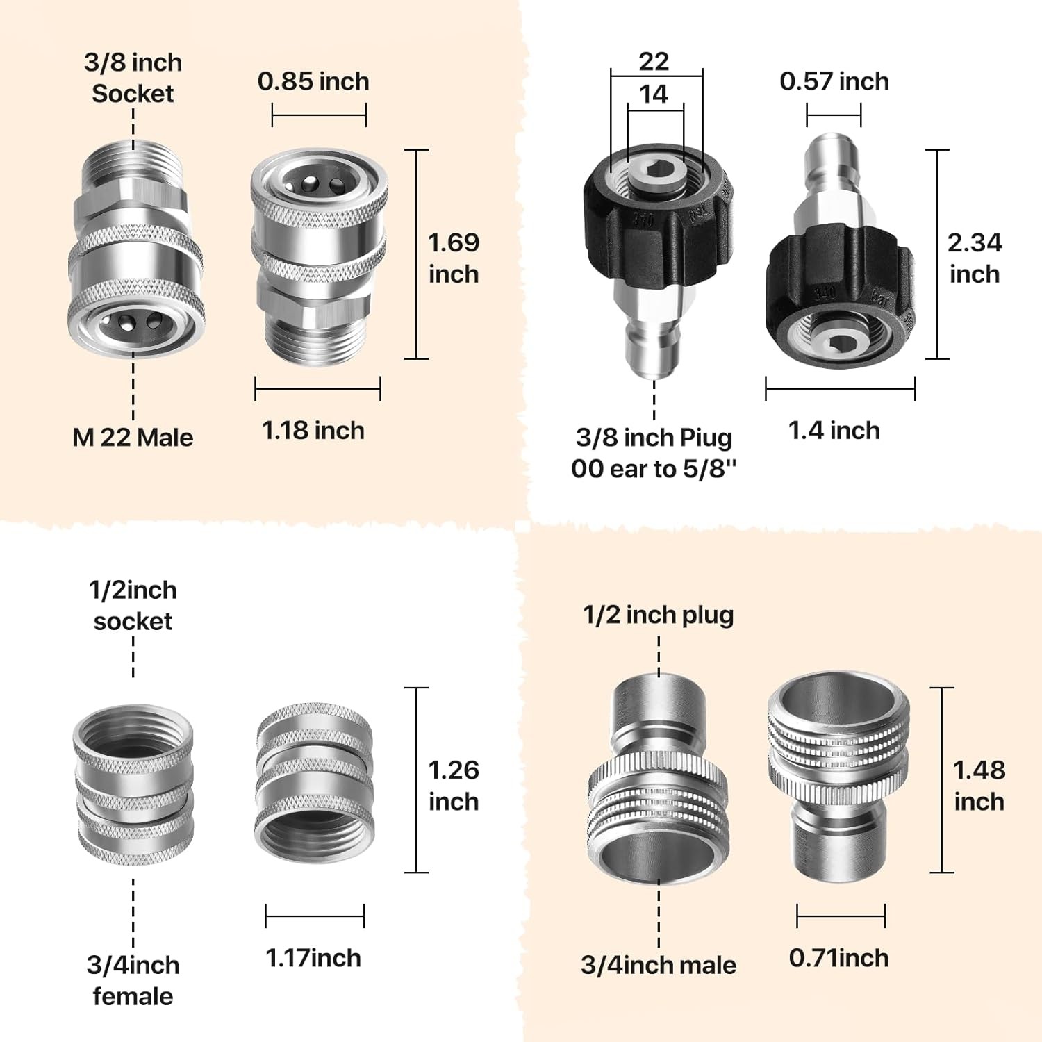 5000 PSI Pressure Washer Adapter Set, M22-14mm Quick Connect Fittings