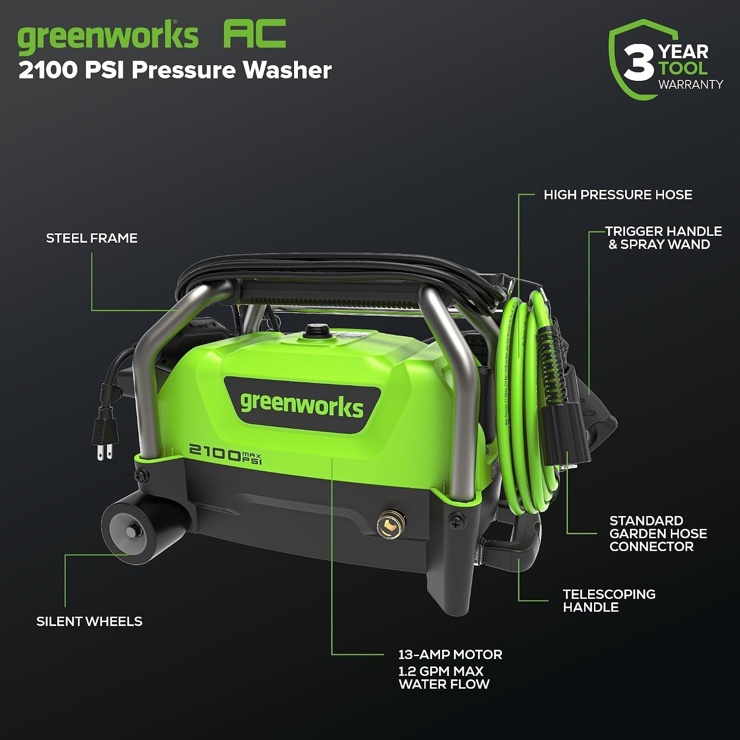 Versatile 2100 PSI Pressure Washer with Turbo Nozzle & 25′ Hose for Deep Clean