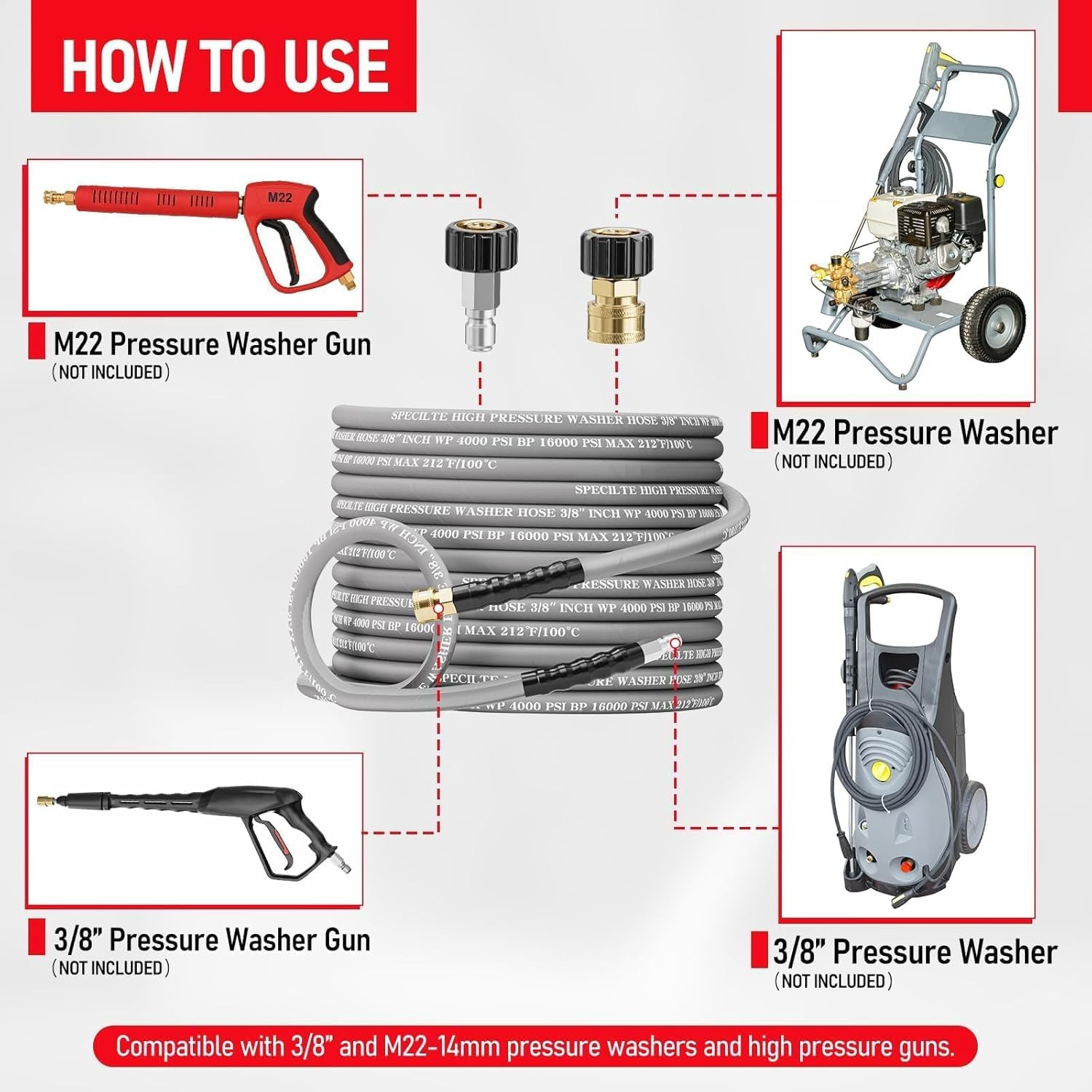 50FT 3/8″ Pressure Washer Hose, 4000 PSI, Kink Resistant, Hot/Cold Water