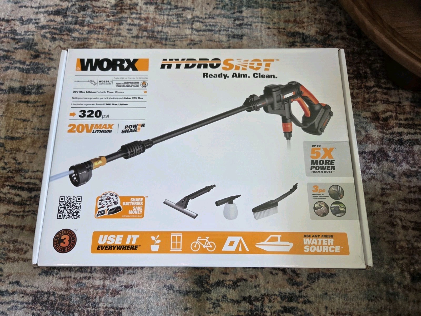 WORX Hydroshot 20V Cordless Portable Power Cleaner WG629.1 NEW SEALED 320 PSI