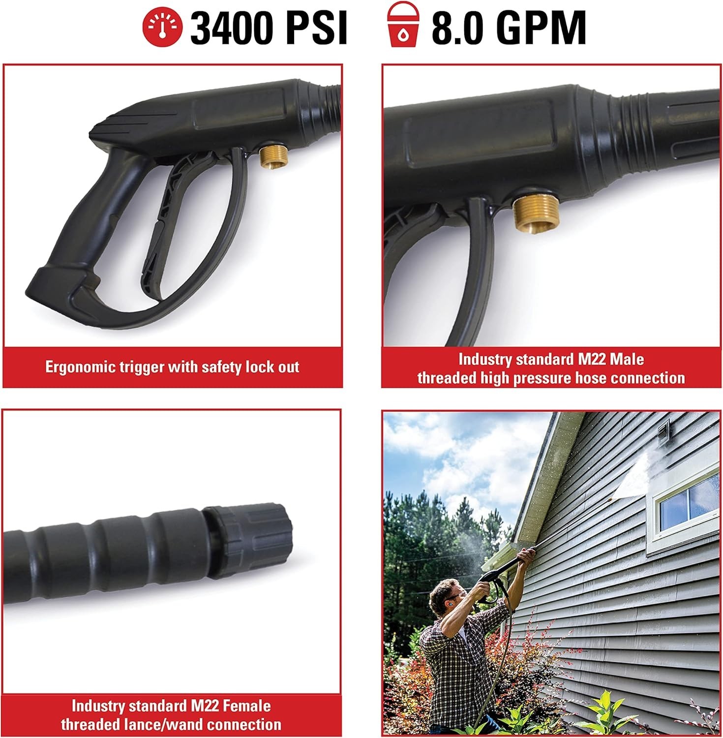 Universal Pressure Washer Gun 80147 for Cold Water Use, 3400 PSI, M22 Connection