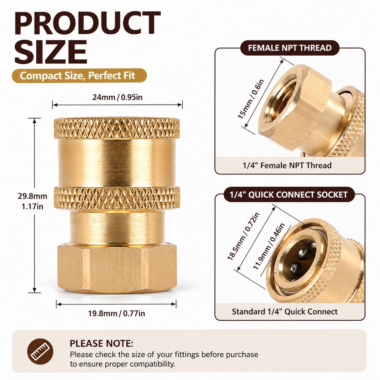 3 PCS Pressure Washer Fittings Brass 1/4 Inch Quick Connect Female NPT