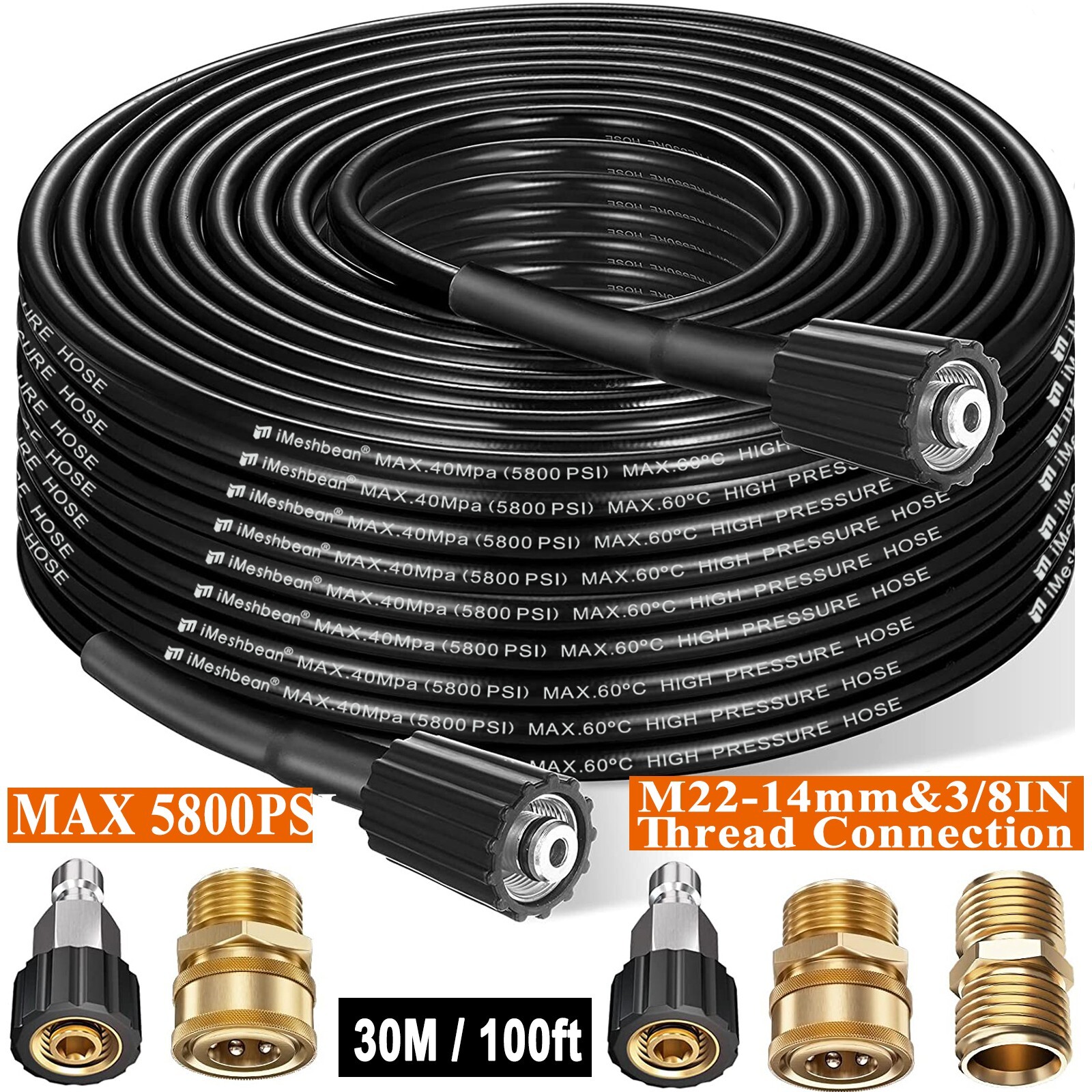 100FT 5800PSI Replacement High Pressure Power Washer Hose-M22(14mm) to 3/8″ QC
