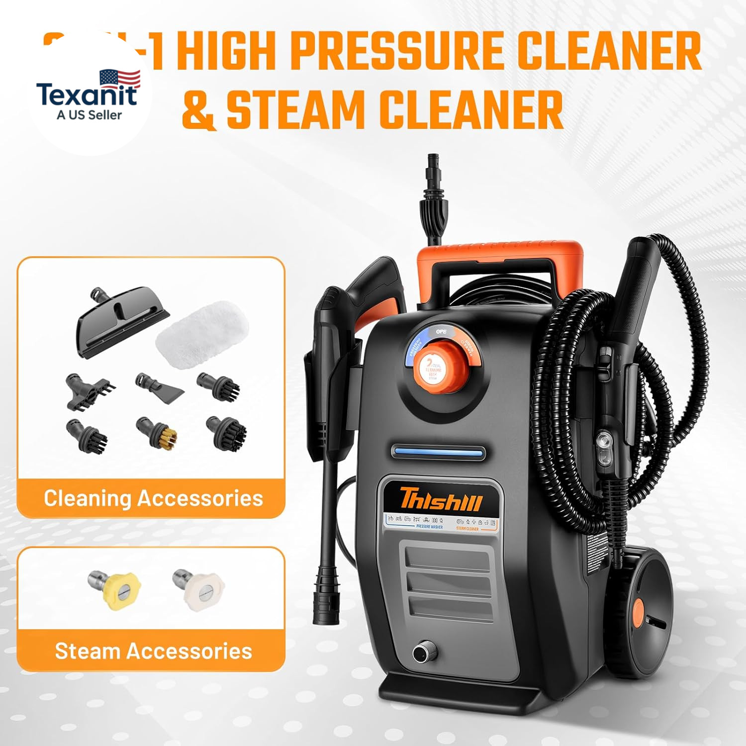 2 in 1 Pressure Washer & Steam Cleaner, 2GPM 3000PSI with High Pressure Cleaner,