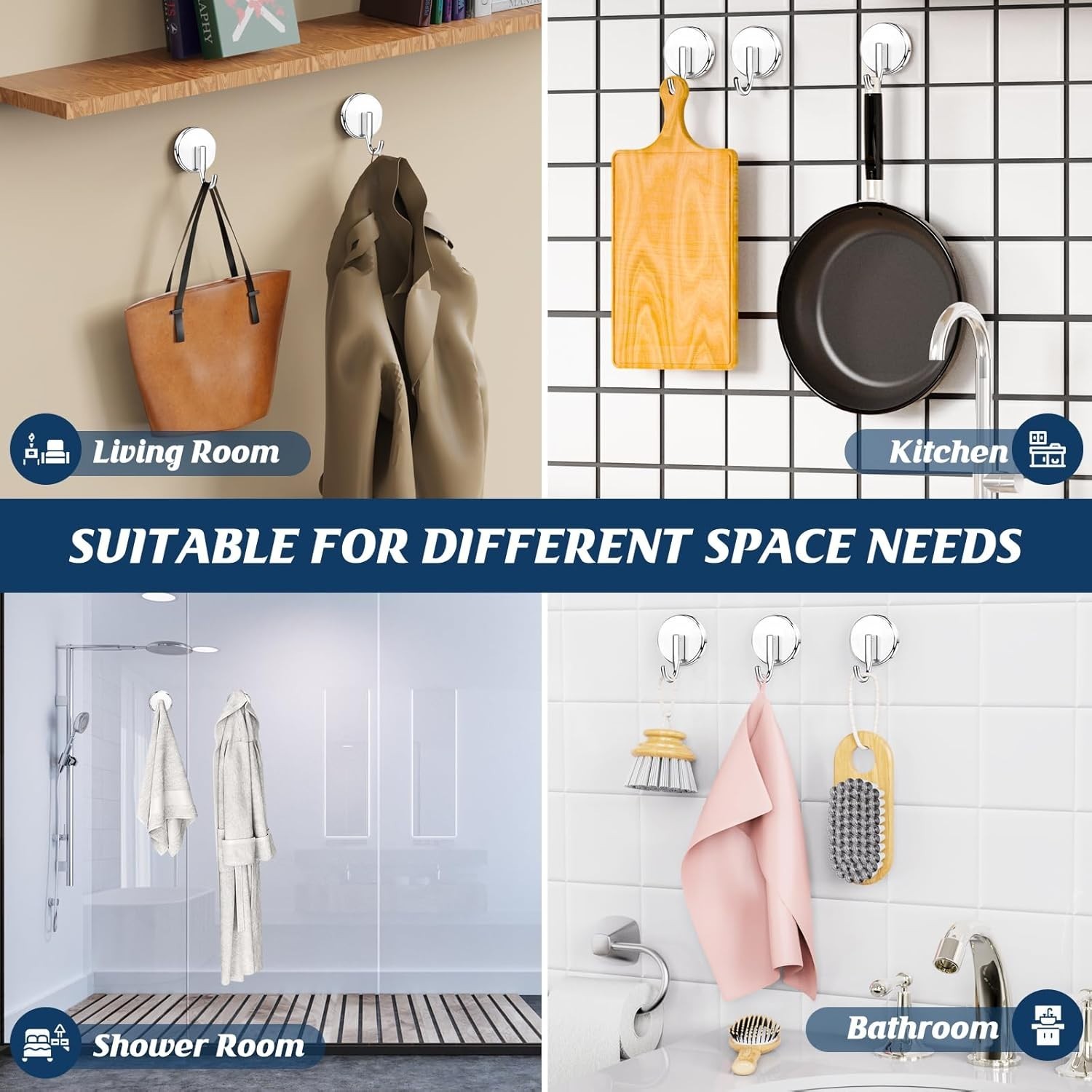 Chrome Suction Cup Shower Hooks for Glass, Tile, and Metal (4 Pack)