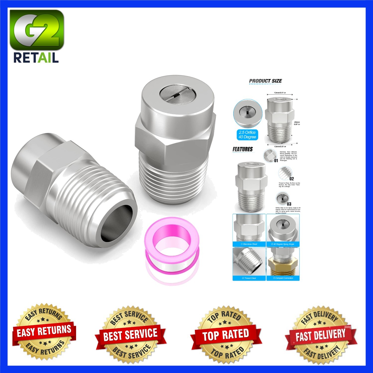 High-Performance 40° Surface Cleaner Nozzles, 4000 PSI – 2 Pack with Teflon Tape