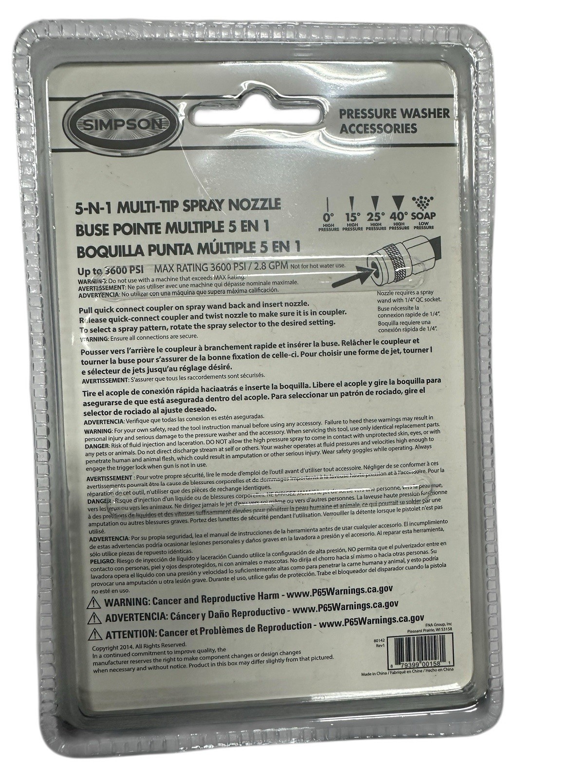 Simpson 80142, 5-N-1 Multi-Tip Spray Nozzle for Pressure Washer, Up To 3600 PSI
