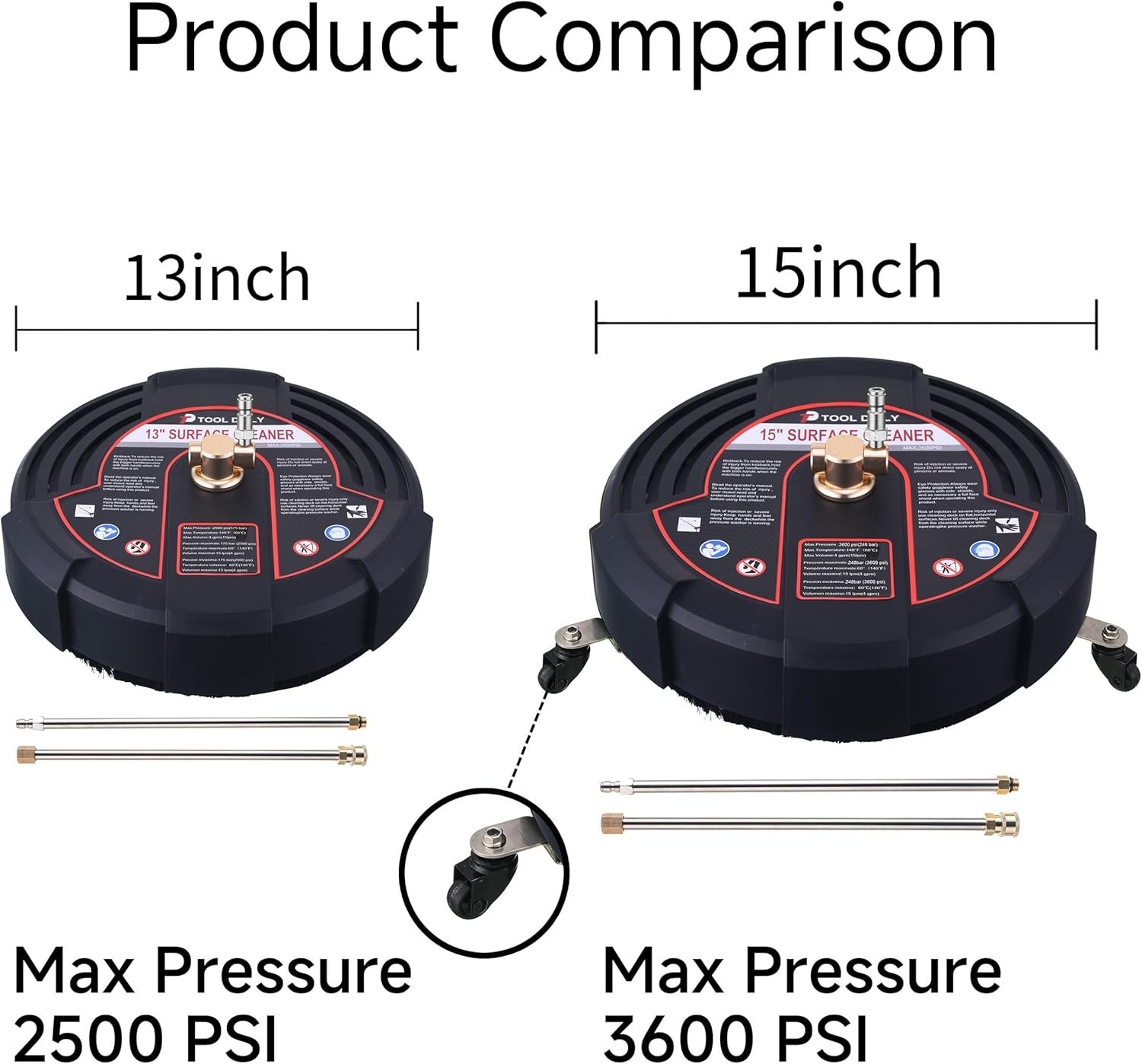 15 Inch Pressure Washer Surface Cleaner – 3600 PSI with 3 Wheels & Wands