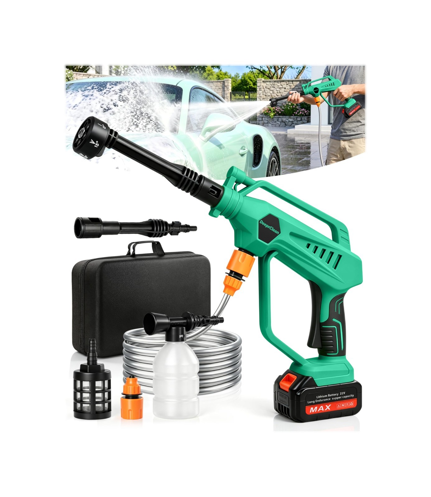 Portable Cordless Car Washer – 6-in-1 Nozzle, Brushless Motor, 3 Levels, Battery