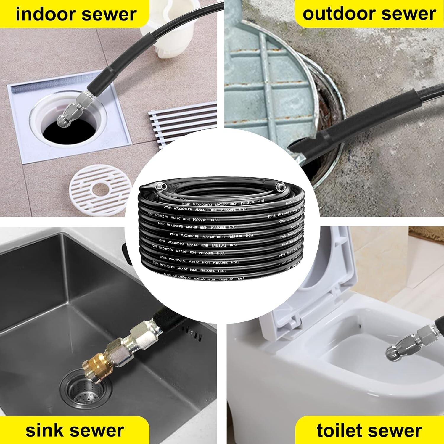 100FT Sewer Jetter Kit for Pressure Washer 4000PSI Drain Cleaner Hose 1/4 Inch