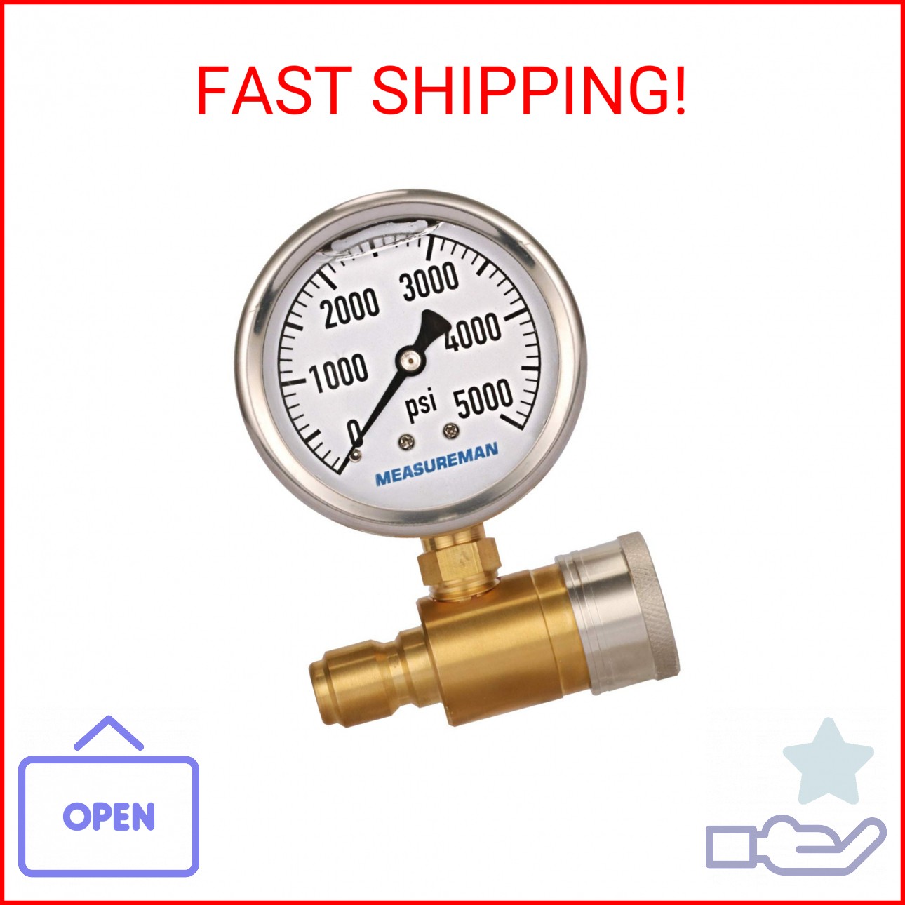 Measureman 2-1/2″ Pressure Washer Pressure Gauge Kit 3/8 Inch Quick Connect 0-50