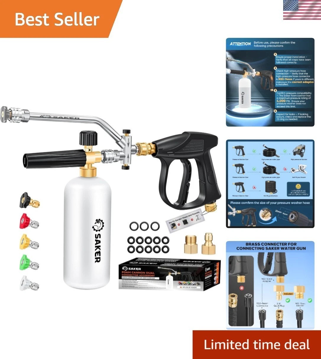 Foam Cannon Dual Connector Accessory for Pressure Washer 4000 PSI Car Wash Kit