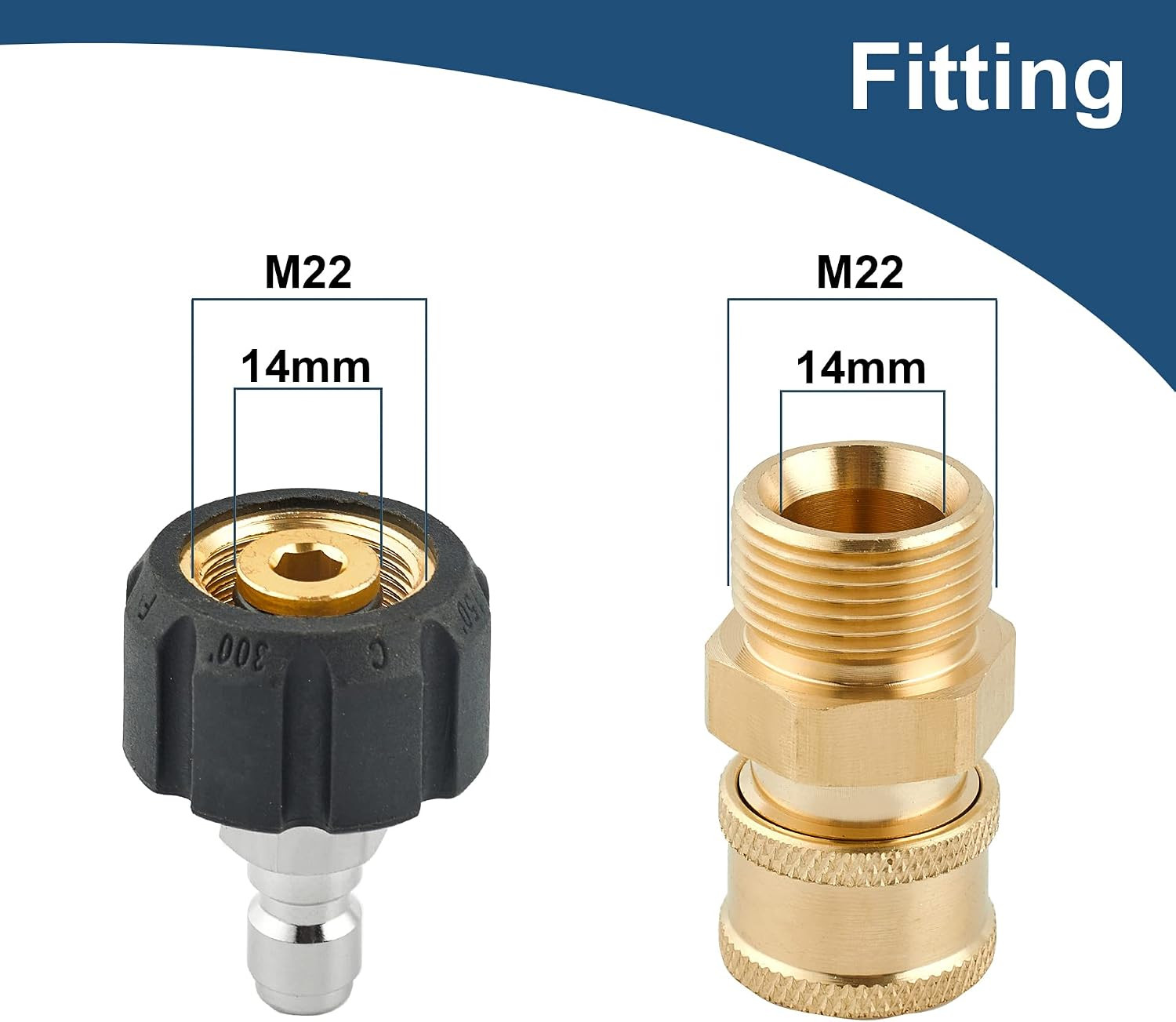 Pressure Washer Quick Connect Fittings, M22 14mm to 1/4 Inch Quick Connect Press