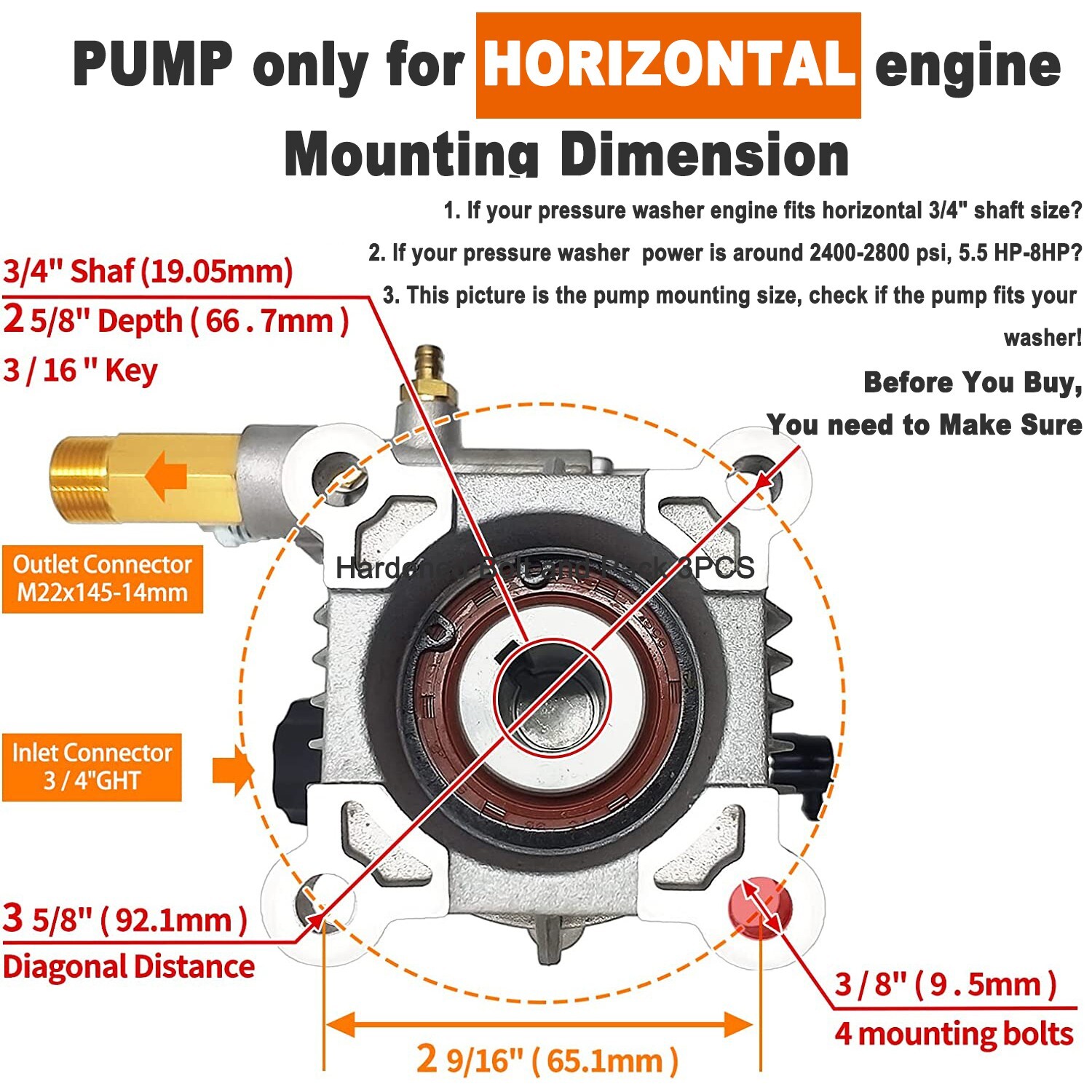 3000PSI Power Pressure Washer Pump for 3/4″ Shaft Horizontal Washer Pump