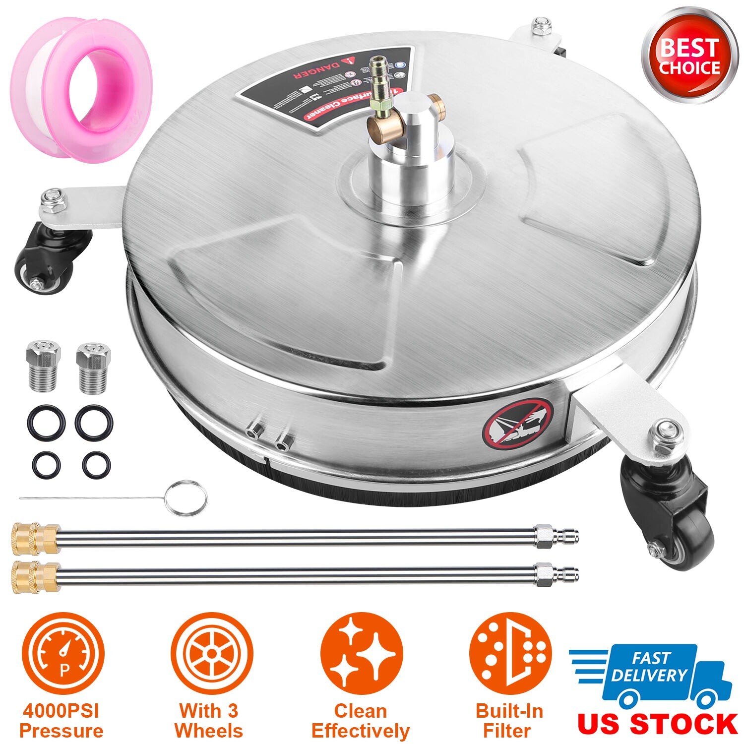 15″ Stainless Steel Pressure Washer Surface Cleaner–4000 PSI for Driveways Patio