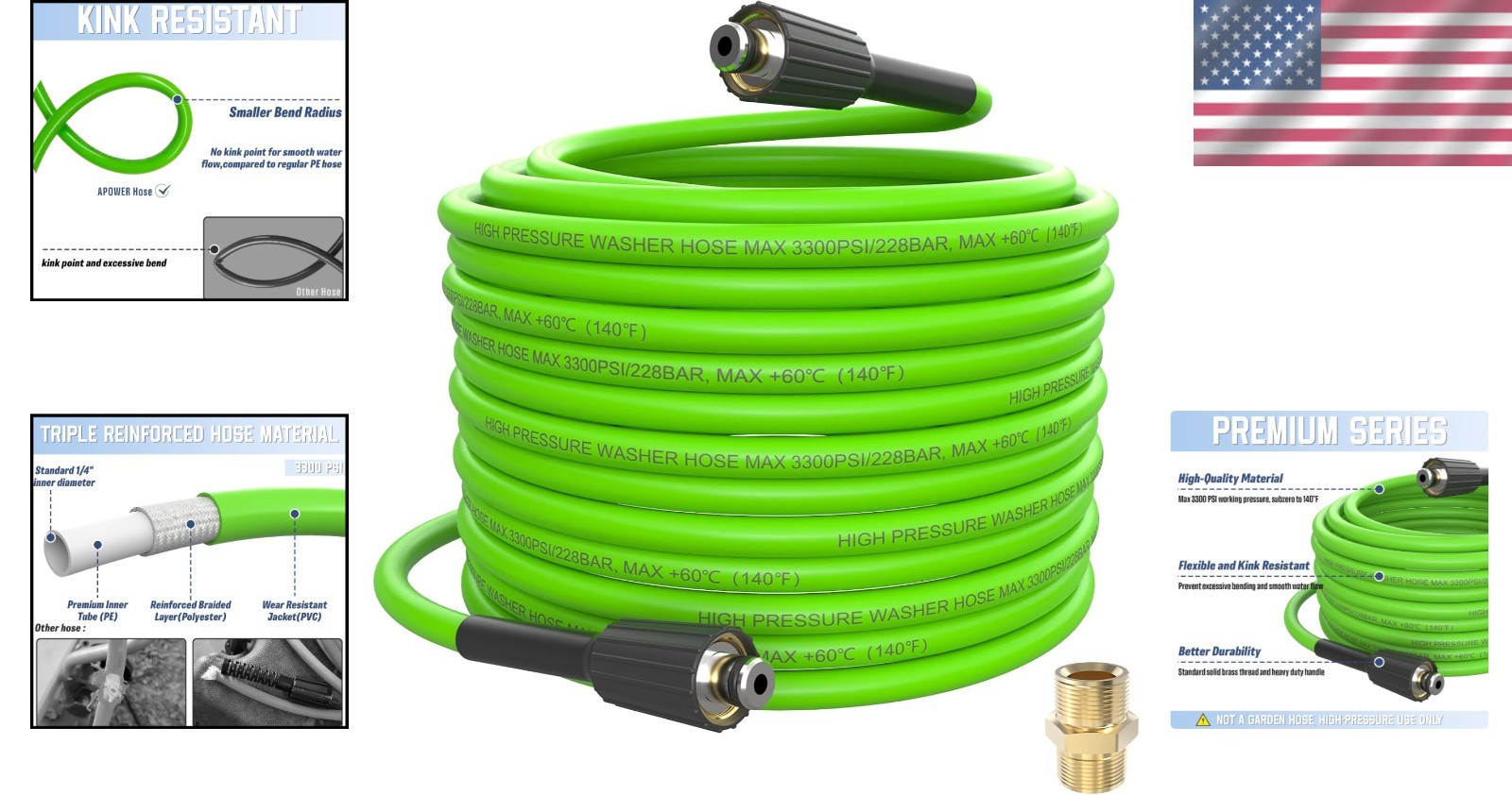 Extended 50FT Kink Resistant Power Washer Hose, 3300 PSI PVC Material
