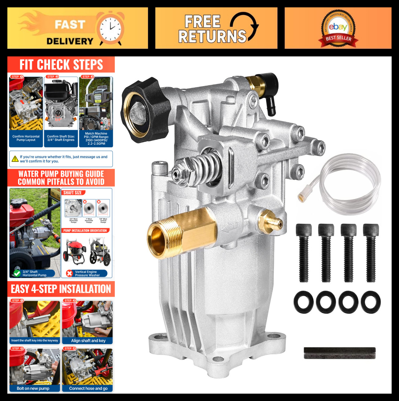 3/4″ Shaft Horizontal Pressure Washer Pump 3400 PSI 2.5 GPM Replacement for Powe