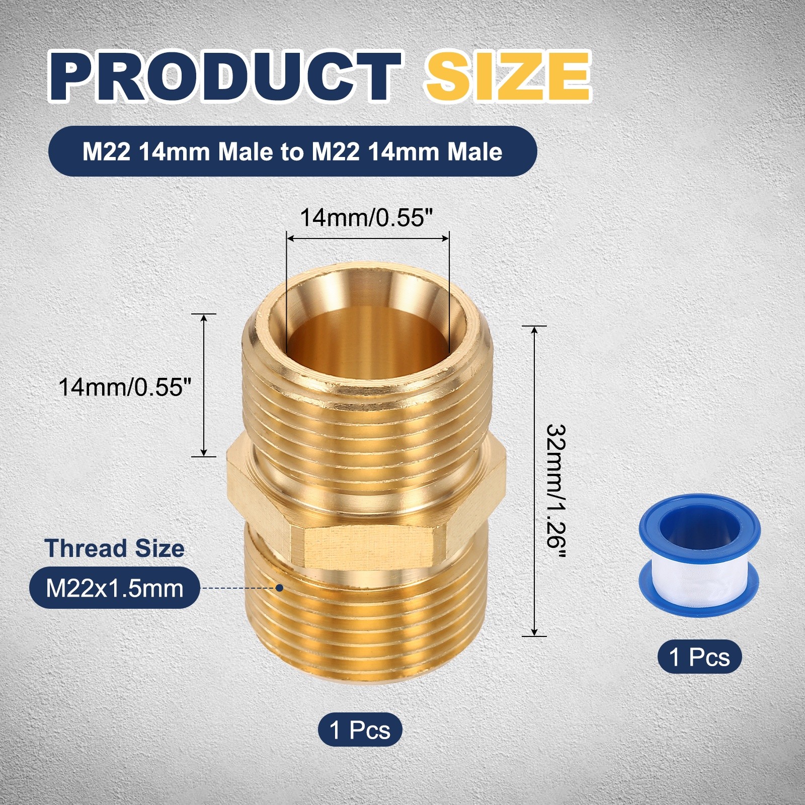 M22 14mm Male to M22 14mm Male Brass Fittings Pressure Washer Adapter with Tape