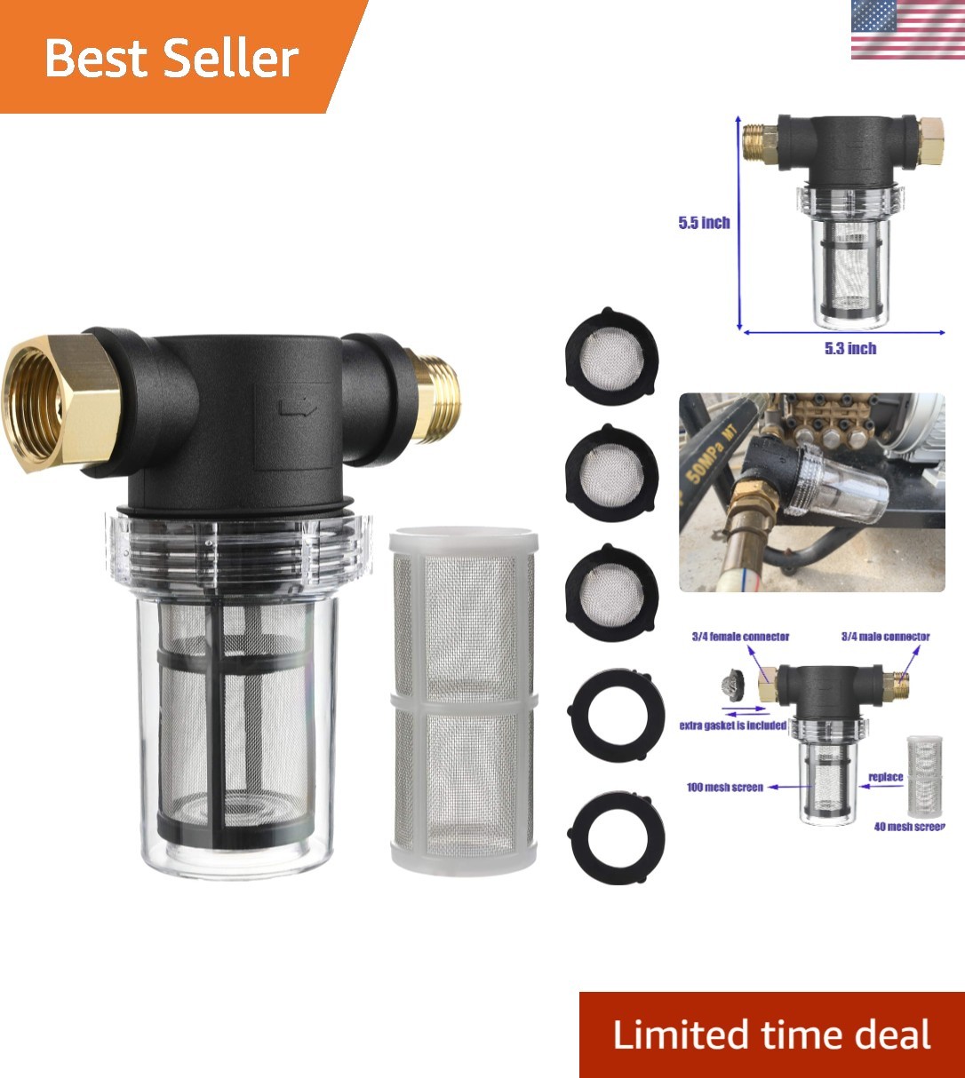 Stainless Steel Garden Hose Filter for Pressure Washers – 40 & 100 Mesh