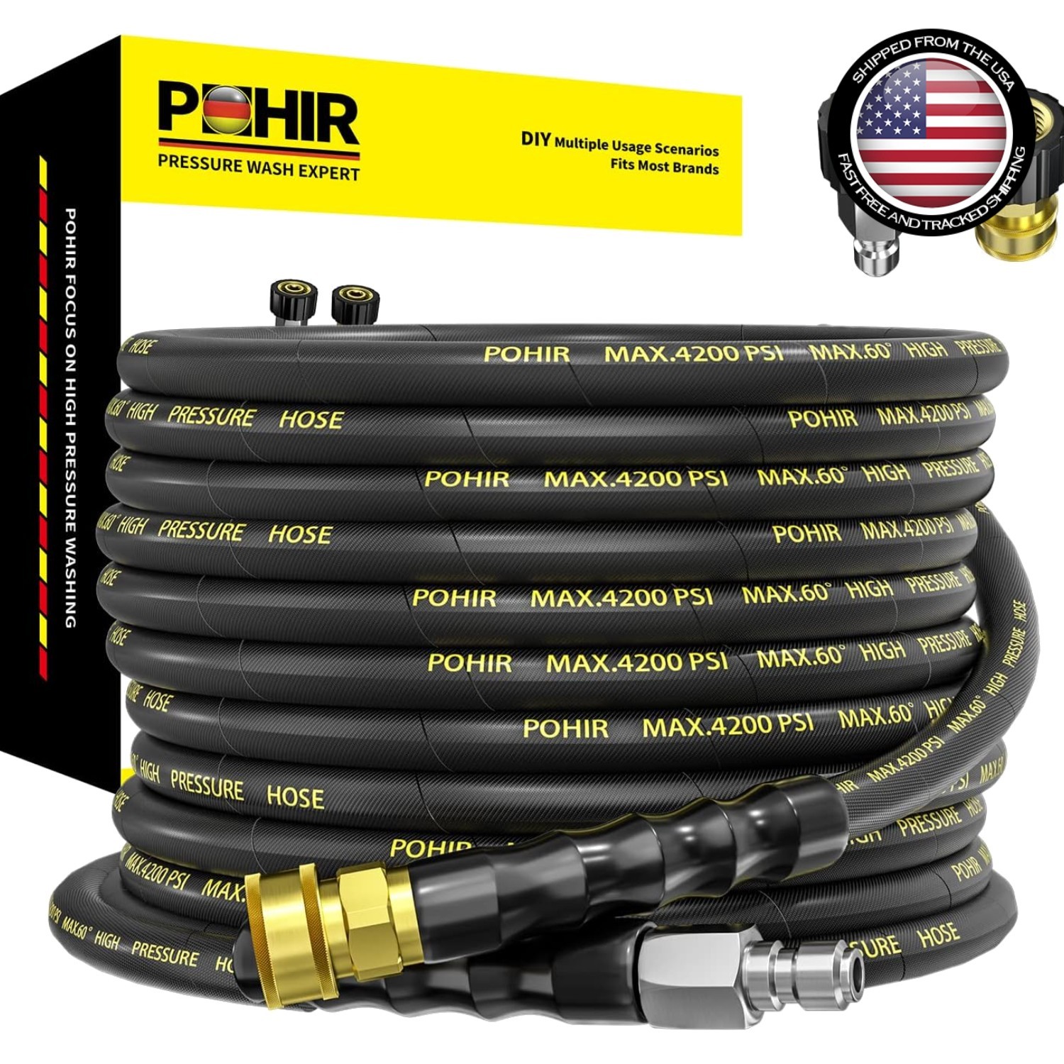 High Pressure Washer Hose 25FT x 1/4 inch – 16000 PSI Burst with Quick Connect